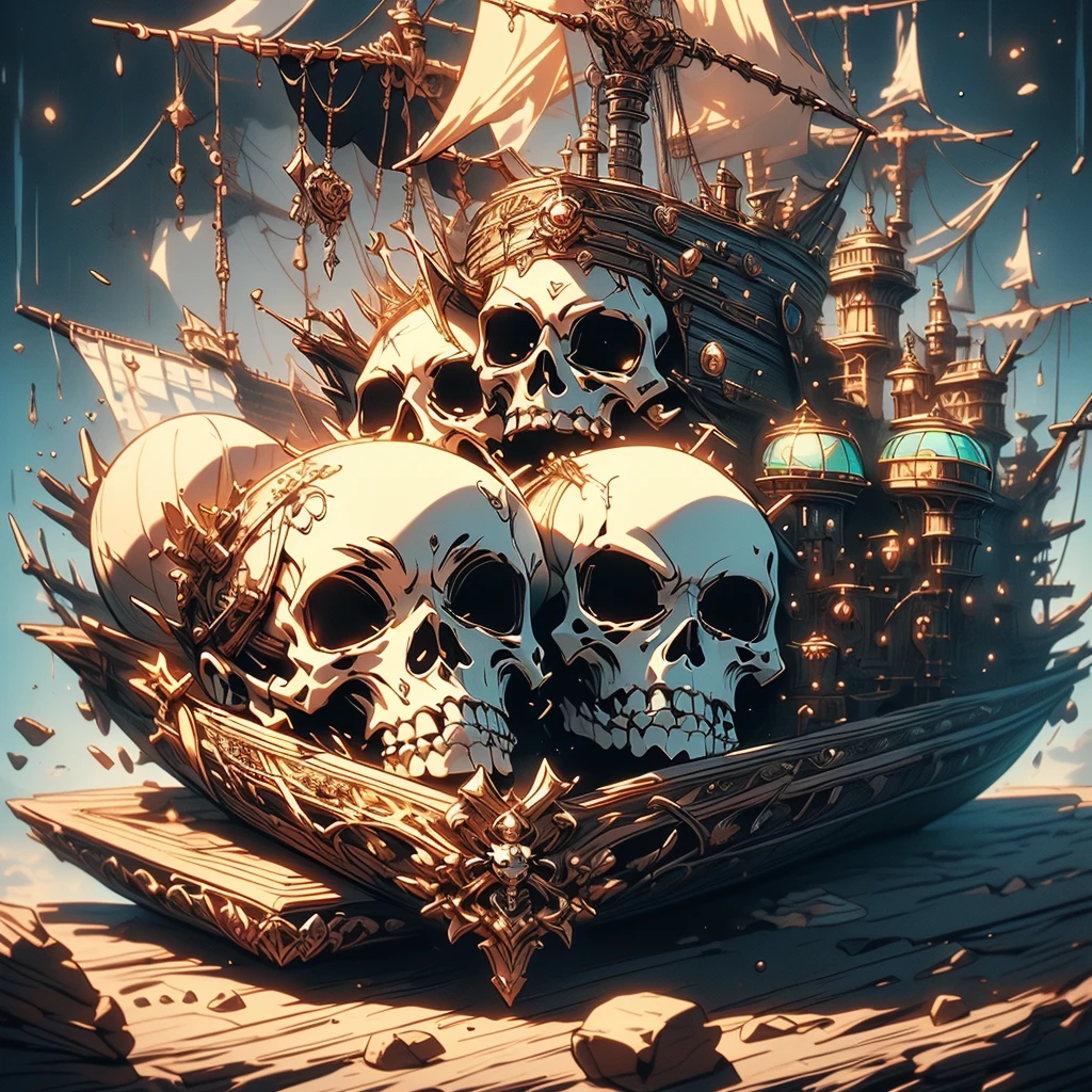 Pretty Pirate 、1girl,((( Dynamic Best Composition 、 super detailed 、 high definition、 top quality、 Masterpiece、 Official Art 、 Perfect Anatomy)))、 Milky White and Light Blue Gradation Hair Color、 Gothic Pirate Fashion 、 Pirate Hat 、 Cute Eyepatch 、 neon color、hologram、Surrounded by treasure 、 sitting on a luxurious sofa、