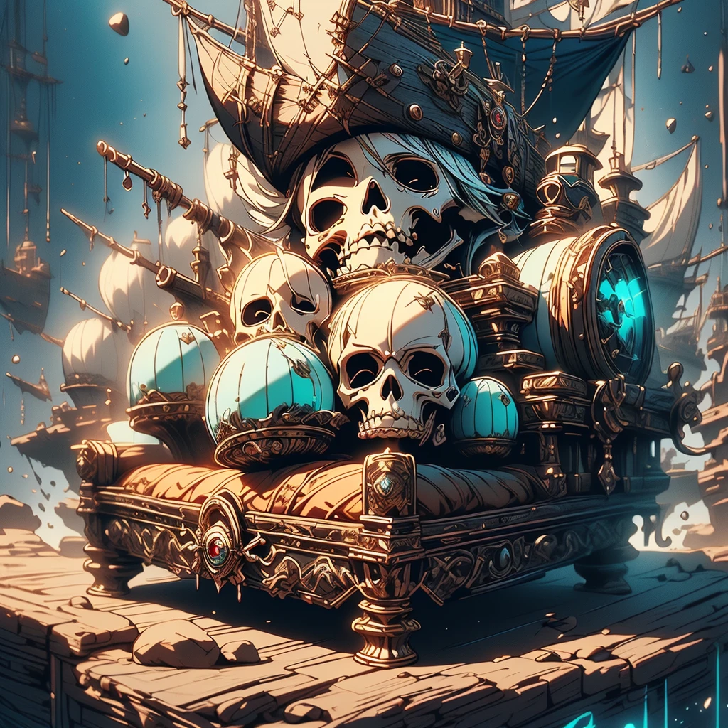 Pretty Pirate 、1girl,((( Dynamic Best Composition 、 super detailed 、 high definition、 top quality、 Masterpiece、 Official Art 、 Perfect Anatomy)))、 Milky White and Light Blue Gradation Hair Color、 Gothic Pirate Fashion 、 Pirate Hat 、 Cute Eyepatch 、 neon color、hologram、Surrounded by treasure 、 sitting on a luxurious sofa、