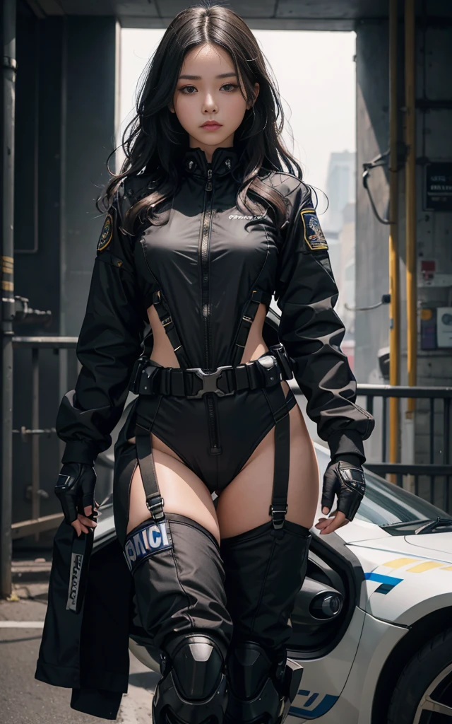 (Highest image quality, excellent details, Ultra-high resolution), (Realism: 1.4), favor details, a beauty girl, with a delicate and beautiful face, ((Bold shots、Lively shots)), A slender and tall beautiful girl, (Black Racing Suit、I like police uniforms, Black and gray mechs, Wearing a military harness, Have a submachine gun), ((Airport terminal in the background,Attendant、pilot、Wear night vision goggles、Special Forces Helmet、Combat stance、uptight、terrorist alert、patrol、))