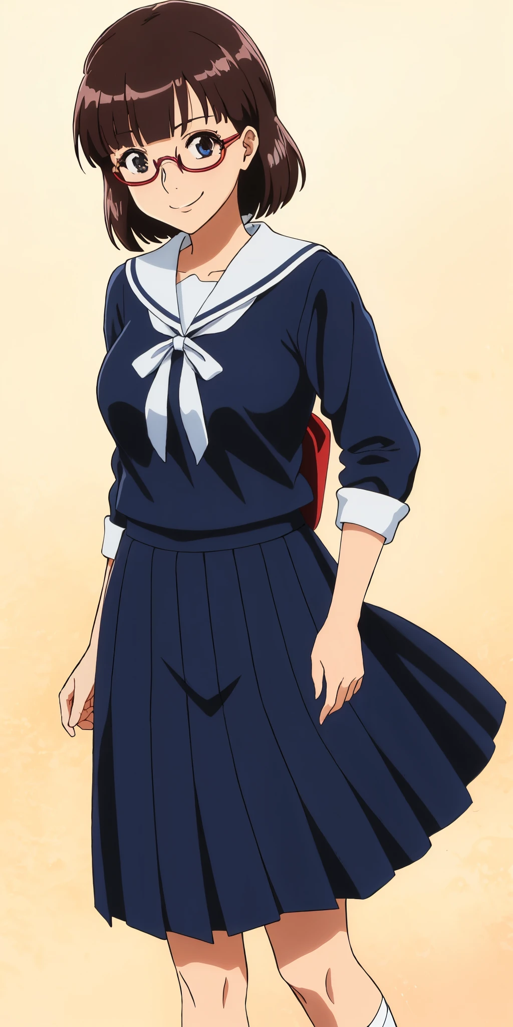 Young woman drawn in 80’s anime art style. 
Retro anime. Vintage Anime. Classical Anime. 
Black Dark Brown HAIR
Nihongami Hair
(Round Glasses)
(Round and Circle eyes)
(Light Brown eyes)
(Medium Sized Eyebrows)
(Freckles on Cheek)
(Light Tan Woman)
(Medium Breast)
Seductive Smile

She is wearing a sailor fuku (セーラー服, sērā fuku, sailor outfit) is a common japanese style of uniform worn by women, traditionally by high school female students. 

The uniform generally consists of a sailor-styled blouse attached with a (Navy blue sailor-style collar) and a Dark Navy Blue Sailor Blouse. The length of the long skirt goes down past her ankle.

A ribbon is tied in the front and laced through a loop attached to the sailor blouse. The color is the ribbon is red. (RED RIBBON)

(Dark Navy Blue Sailor Shirt)
(Dark Navy Pleated Skirt)

(Solo)
(Location: High School)
(Background: High School)