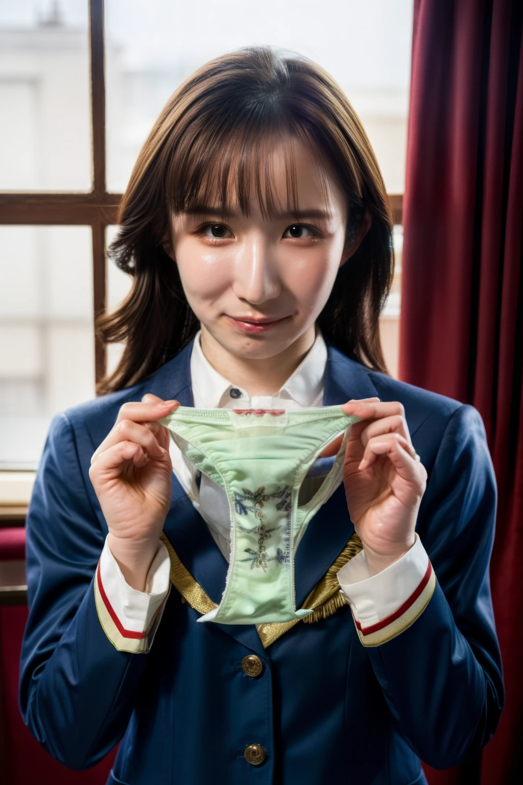 (absurdres:1.3),8K,(detailed photograph:1.5),(detailed face and skin:1.3),(ultra high res:1.5),(photorealistic:1.5),symmetric clear eyes,well-groomed face,(ray tracing:1.3) ,1girl, Japanese,high school girl,(wearing Japanese high school uniform:1.3),(navy high school uniform:1.3), BREAK (presenting panties),(detailed light Green silk panties:1.1),masterpiece, best quality, highly detailed,classroom,Black mideum straight hair,focus panty,cinematic lighting,(blushing:1.3),(Stain on panties:1.4),