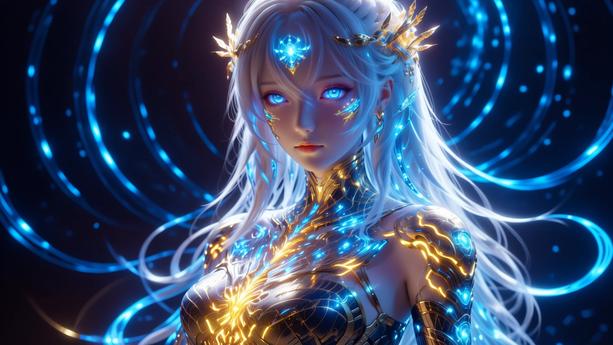 neon goddess, beautiful female deity, ethereal glowing skin, glowing neon-colored hair, flowing dress, dramatic lighting, dynamic pose, intricate details, cinematic composition, vibrant colors, digital art, 8k, photorealistic, detailed facial features, striking gaze, seamless blend of organic and synthetic elements, advanced 3D rendering, volumetric lighting, mesmerizing aura, surreal atmosphere, dreamlike quality, cinematic camera angle
