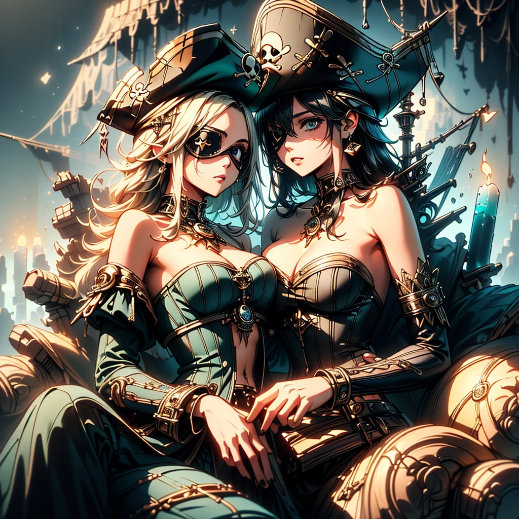 Pretty Pirate 、1girl,((( Dynamic Best Composition 、 super detailed 、 high definition、 top quality、 Masterpiece、 Official Art 、 Perfect Anatomy)))、 Milky White and Light Blue Gradation Hair Color、 Gothic Pirate Fashion 、 Pirate Hat 、 Cute Eyepatch 、 neon color、hologram、Surrounded by treasure 、 sitting on a luxurious sofa、