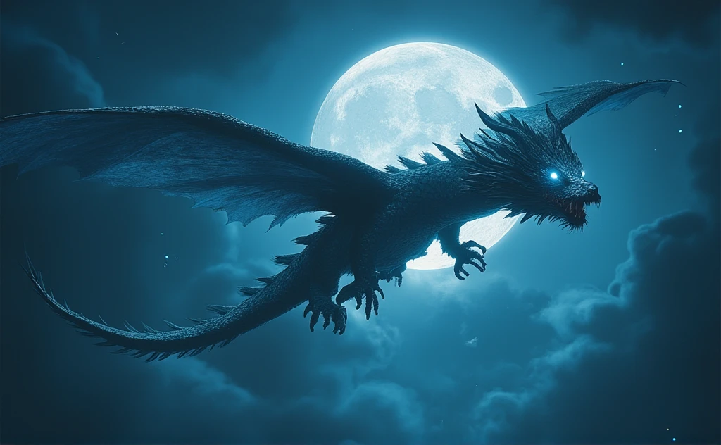 Azure Chinese dragon. wise, strong. His eyes are empty. Black horns. empty white eyes shining with white light. He flies in the sky. the big moon.