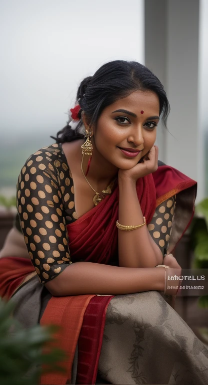 Create an image of a stunning plus-size Indian woman standing gracefully in a rural setting. She is wearing a vibrant saree of a different color, which drapes elegantly around her. Her jewelry, including large earrings and traditional accessories, highlights her beauty. She exudes confidence and warmth, with a serene smile and expressive eyes. The background should feature a picturesque village scene with lush greenery and a calm atmosphere, capturing the beauty of both the woman and the rural environment