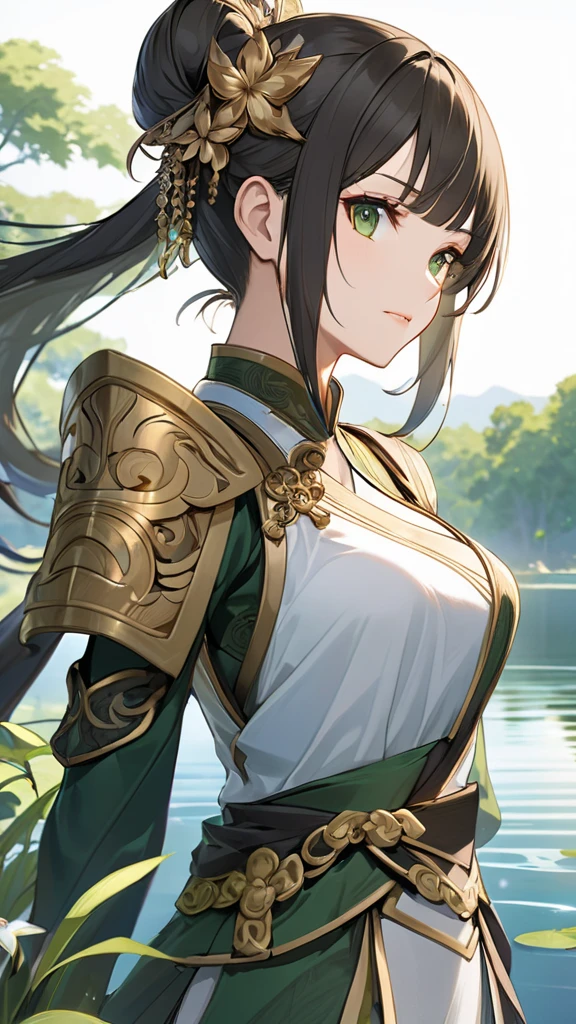 top quality, (1girl), The starcolor of Dynasty Warriors 8 , Warrior, Chinese-style female character , looking at camera, Calm and sharp eyesight , The bangs flow diagonally , that is about the length of the neck A , The background is a green environment and quiet waterside 、asymmetric, in the hair is a character with simple decorations , black hair, A design with gold decorations applied to the costume , An expression that combines intelligence and strength , A design with gold decorations applied to the costume , Clothes wrapped around the arms , The background is a peaceful natural landscape 、Quiet lake and blue sky 、 or a battle suit based on white and green , Graceful and Warrior-like majesty, that combines elegance and a combative atmosphere, The face is slightly neat and dignified