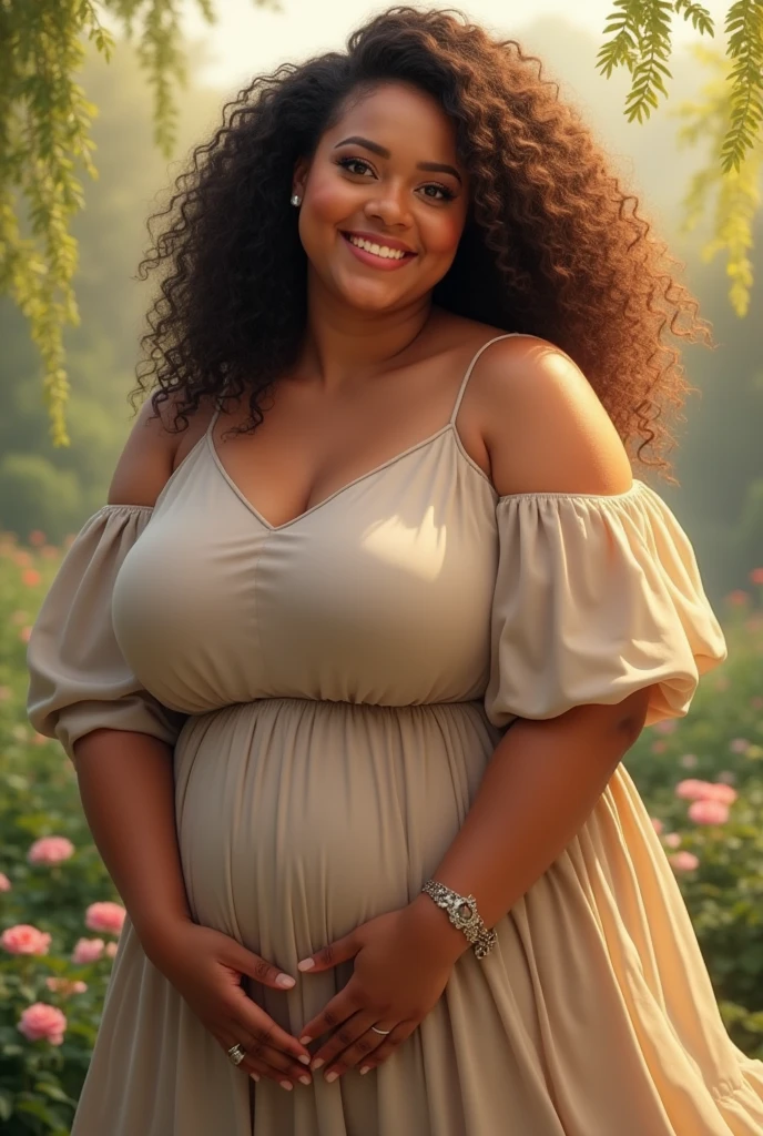 Ultra-realistic, 4K, Professional photos, 22-year-old girl, Black girl, ((huge breasts)), ((huge pregnant)), big curly hair, High resolution, Detailed face, Medium bodied, Floral skirt, (Open blue shirt), masterpiece, (Lighting), (1 solo), Beach Background, Realistic Background, Realistic photos