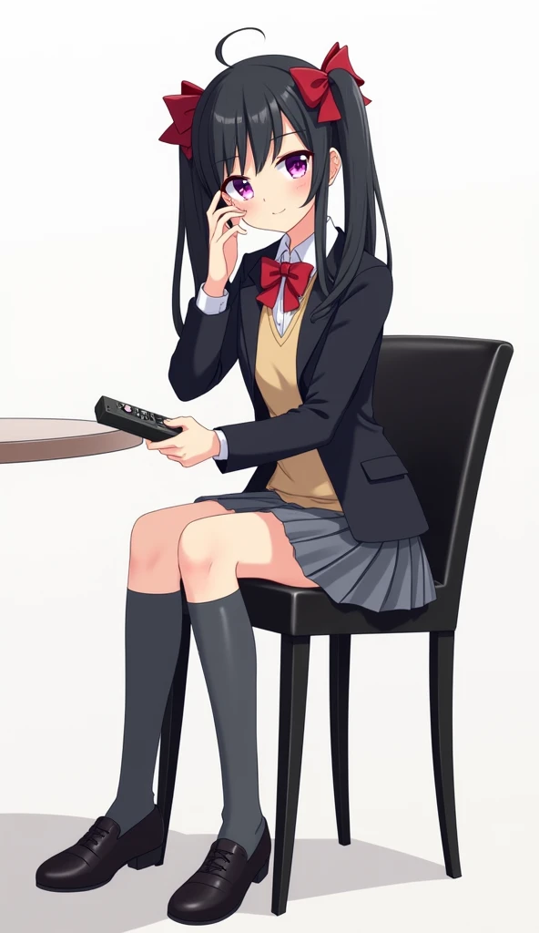 Japanese school uniform consisting of a black blazer, beige sweater, white shirt with red bow , gray skirt, long gray socks and black shoes . Black hair is tied up in pigtails with bows, one pink and purple eyes and holding a television remote and clinging it against his face with his hand and is seated in dining style chair with backrest and upholstery in glossy black leather with a white background