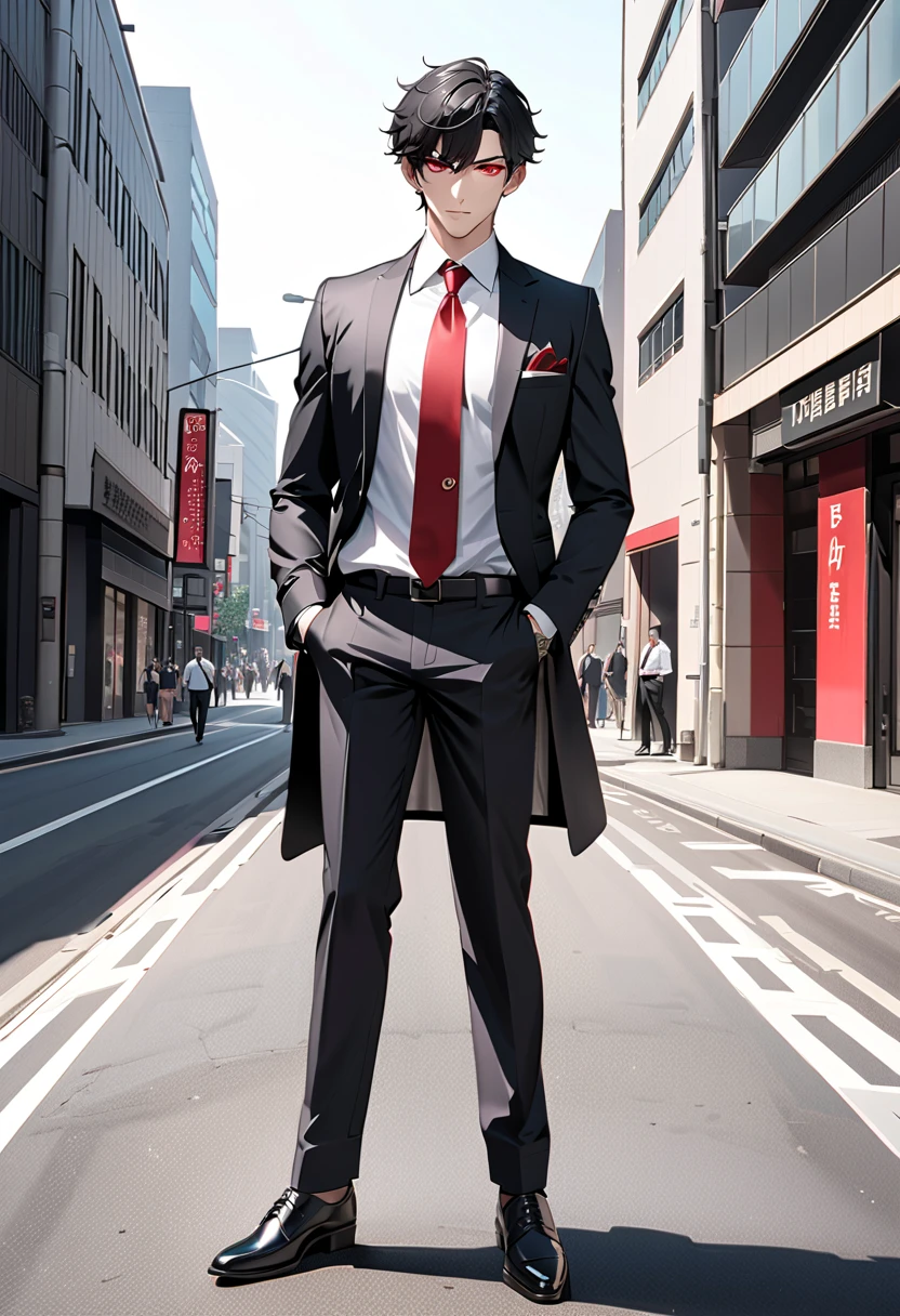  black hair,  sharp eye, Lewd Eyes, male　  red eyes　 short hair　  handsome, ,  business suit　Portraiture　whole body　Around town　Regular tie red