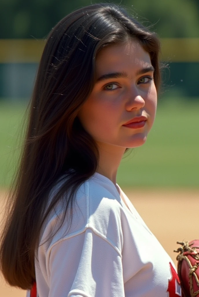 side view, a very lovely girl with long black hair, (at age 15:1.5), she is playing baseball as a pitcher., (she is just throwing a ball.), very dymanic photo, she has a flawless pale skin., (no make up), her natural beauty is accentuated., (((the whiteness of her skin is accentuated.))), adorably plump cheeks, she is a tall girl with long limbs., she has a moderately fleshy body with large breasts for her youth and broad shoulders., It highlights Jennifer Connelly's unique beautiful facial features.,She is in a sunny field., bright natural light is illuminating on her face., high definition ,  Ultra Fine,  Textured Skin , masterpiece,