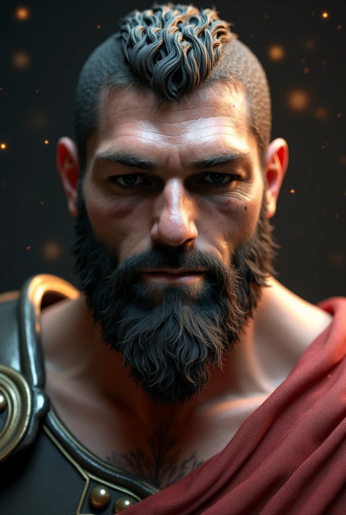 A handsome movie star with a masculine jawline, perfect facial features, beard, detailed hyper realistic portrait, cinematic lighting, sharp focus, 8K, high quality, photorealistic, oil painting