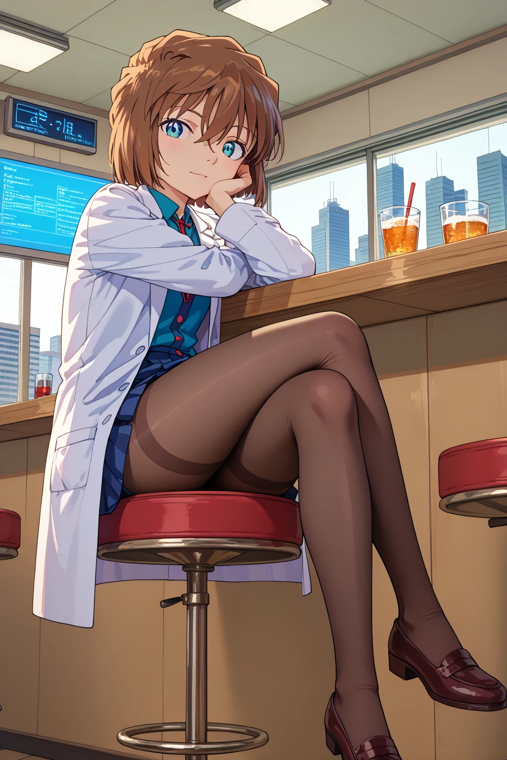 Very very very too young girl,score_9,score_8_up,score_7_up,from below,
1girl,sitting,sitting on bar stool,crossed legs,full body,inside,city,looking at viewer,head rest,expected eyes,from front,lab coat,pantyhose, 
Best quality,masterpiece,soft light,official art,masterpiece,high quality, highres icon,absurdres,epic scene,natural textures,highest quality,8k,Ultra-HD,ultra detail,epic scene,natural textures,Haibara Ai,short hair,brown hair,blue eyes,hair between eyes,((( elementary school students、 s:2.0、Small 、Girl)))