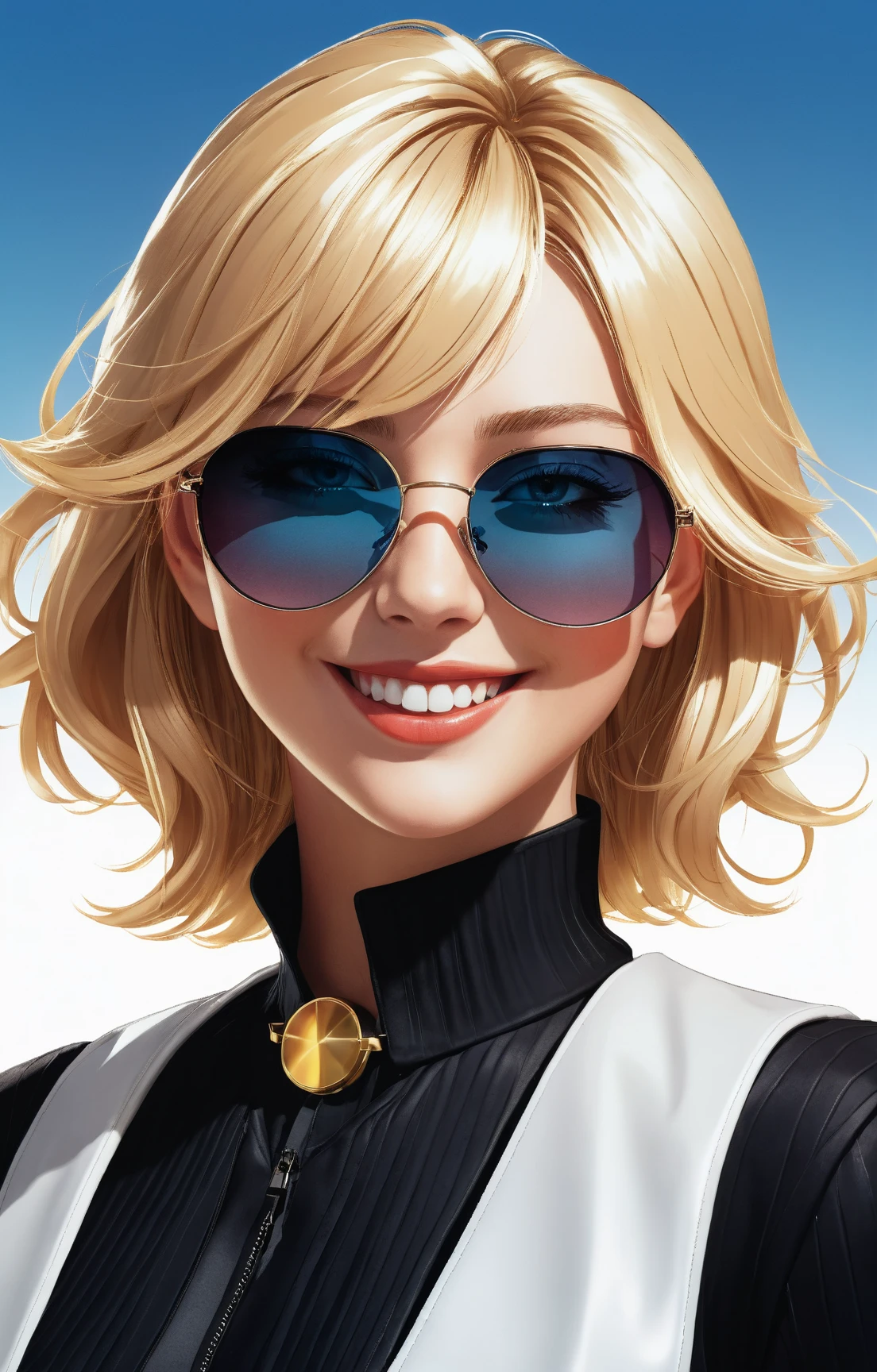 Slim woman, shoulder-length hair, smiling, wearing sunglasses, making a thumbs-up sign with both hands, with a transparent background.