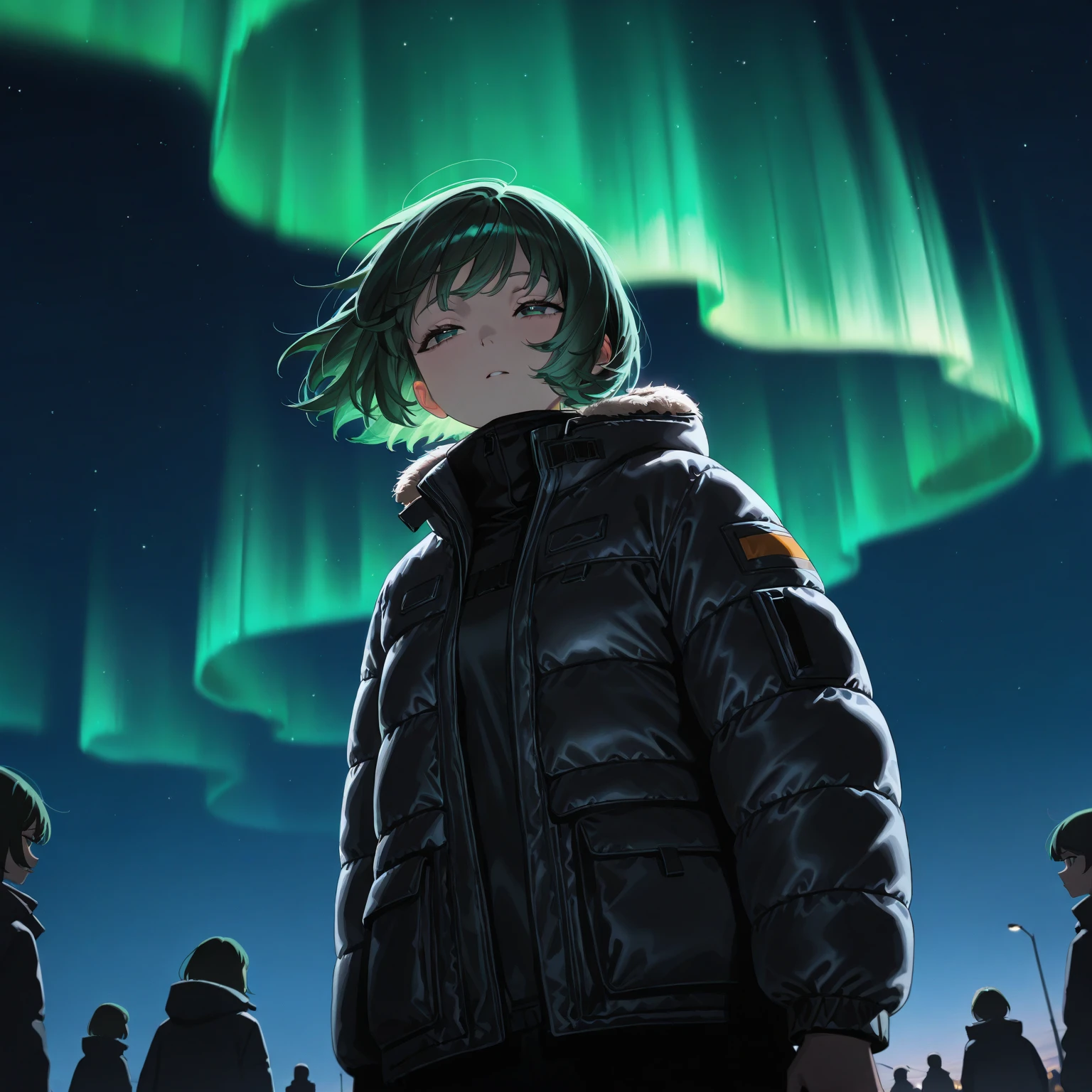 (One girl, girl is , girl has short hair, girl has airy bob, girl has dark green hair, girl has half-open eyes, girl is watching the aurora, girl is looking at the sky, girl is wearing a black down jacket, down jacket has fur, girl has arms spread above) Aurora, Iceland, outdoors, angle from below, night, people placed below, Give your images flat even illumination (negative) or dramatic chiaroscuro lighting (positive). No trigger required.