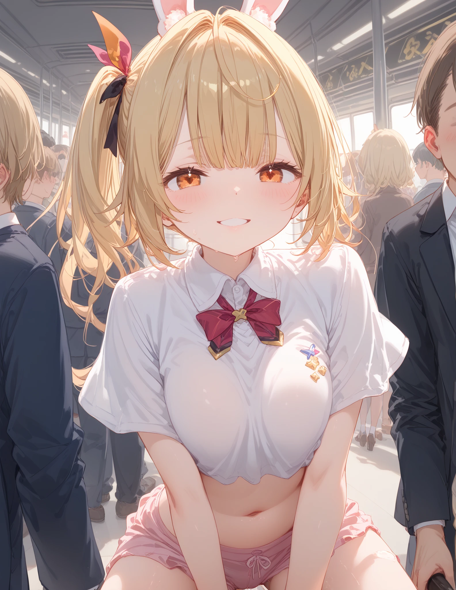  girl、hoshikawa sara (Nijisanji)、 Blonde、 Eye Details XL Animation、hskwsr,  long hair, Blonde 머리,  side ponytail ,  bangs , hair ribbon,Ahogeo, x hair decoration , Heterochromia,  red eyes,   orange eyes  ,  very big breasted , bunny girl의상,, bunny girl
 , Midriff, clavicle,  high collar,、 happy expression 、 Ahe face 、  huge boobs 、Valley、Woman is having sex in, holding her chest tight,A woman who climaxes ,Touch her boobs, crowded train, A large crowd,