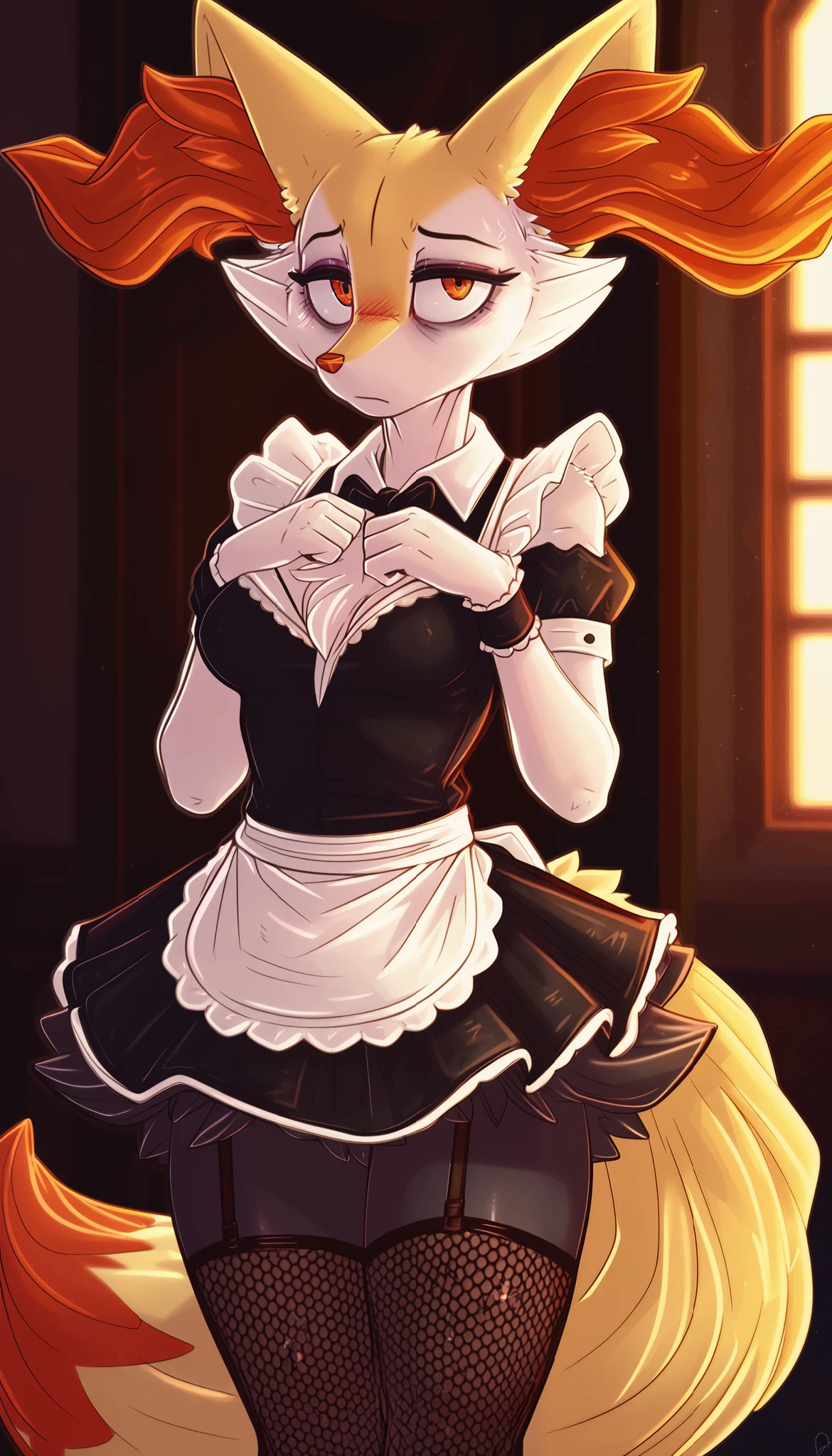 masterpiece, best quality, shy expression, nervous, tired expression, 1girl, anthro, furry, fur, fluffy fur, braixen girl, furry, animal nose, eyes makeup, orange eyes, looking at the viewer, medium breasts, thicc thighs, solo, detailed, solo, (mansion background), (shy), (maid uniform, fishnet stockings, maid wristband, black skirt), half-closed eyes, detailed, standing, ager (18 years), (embarassed), (depressed), (baggy eyes), looking at the viewer, (dimwitdog), score_9, score_8_up, score_7_up, score_6_up, score_5_up, score_4_up