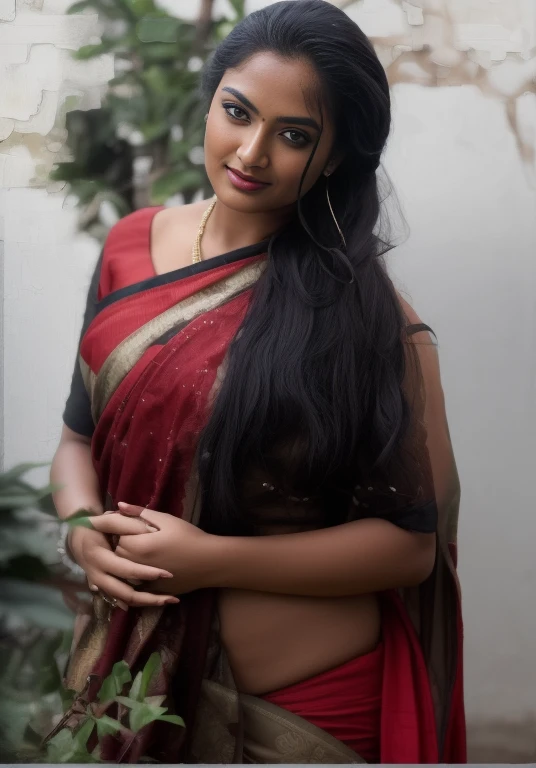 day scene, extreme close up photo of seductive indian model from top view wearing semi black and red sari and top with big breast, big cheeks, red Hollywood lips, squatting near shrub in a garden, hourglass figure, armpits, (blue eyes:1), ponytail, necklace, 30 yo, look at viewer and smile,horeses background (cinematic:1.3), intricate details, (ArtStation:1.2)