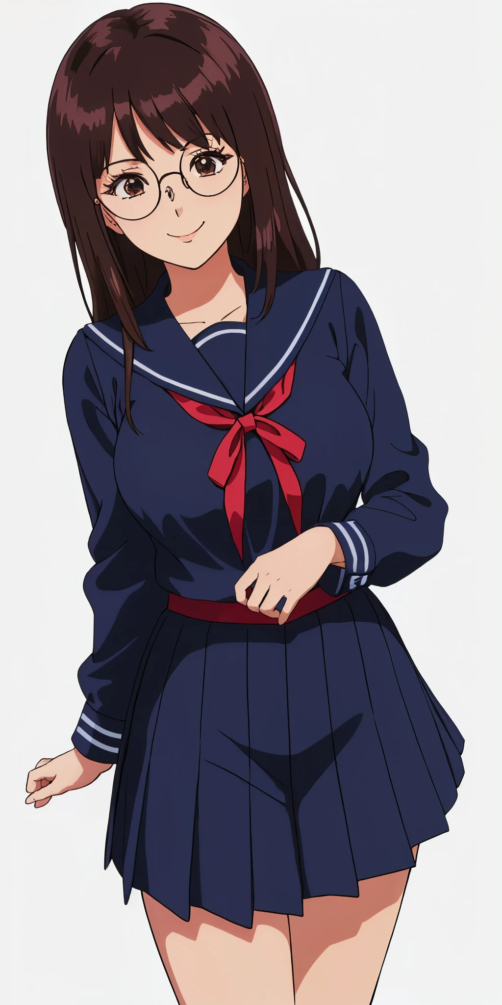 Young woman drawn in 80’s anime art style. 
Retro anime. Vintage Anime. Classical Anime. 
Black Dark Brown HAIR
Long Nihongami Hair
(Round Glasses)
(Round and Circle eyes)
(Light Brown eyes)
(Medium Sized Eyebrows)
(Freckles on Cheek)
(Light Tan Woman)
(Medium Breast)
Seductive Smile

She is wearing a sailor fuku (セーラー服, sērā fuku, sailor outfit) is a common japanese style of uniform worn by women, traditionally by high school female students. 

The uniform generally consists of a sailor-styled blouse attached with a (Navy blue sailor-style collar) and a Dark Navy Blue Sailor Blouse. The length of the long skirt goes down past her ankle.

A ribbon is tied in the front and laced through a loop attached to the sailor blouse. The color is the ribbon is red. (RED RIBBON)

(Dark Navy Blue Sailor Shirt)
(Dark Navy Pleated Skirt)

(Solo)
(Location: High School)
(Background: High School)