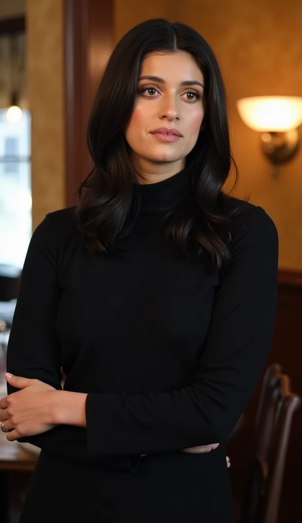 beautiful detailed photograph,  black hair , wearing a  turtleneck formfitting dress, standing in cafe looking at the viewer