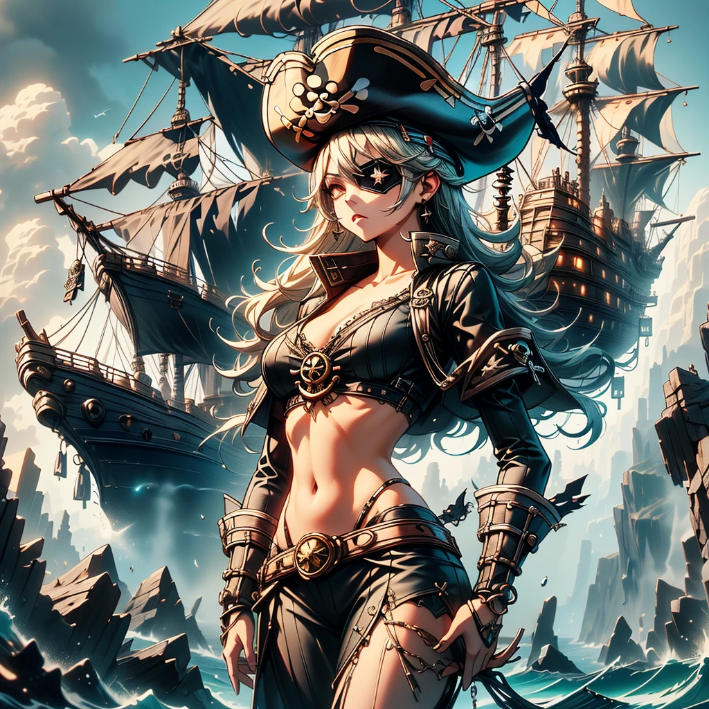 Pretty Pirate 、1girl,((( Dynamic Best Composition 、 super detailed 、 high definition、 top quality、 Masterpiece、 Official Art 、 Perfect Anatomy)))、 Milky White and Light Blue Gradation Hair Color、 Gothic Pirate Fashion 、 Pirate Hat 、 Cute Eyepatch 、 neon color、hologram、 absurd、 fantasy、 neon colorパレット、Neon Outline、Standing on the deck、The big pirate ship 、