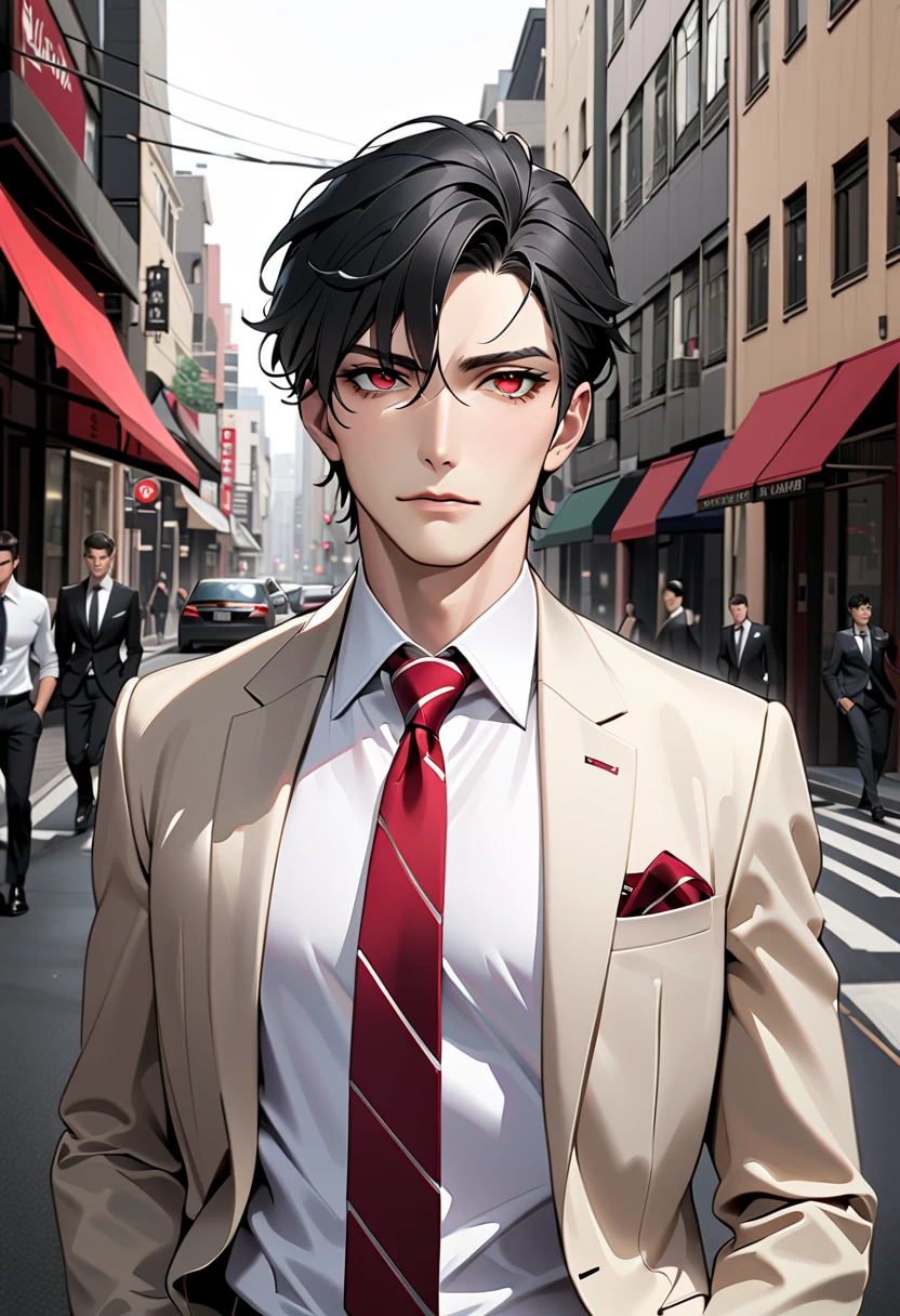  black hair,  sharp eye, Lewd Eyes, male　  red eyes　 short hair　  handsome, ,  business suit　Portraiture　whole body　Around town　Regular tie red