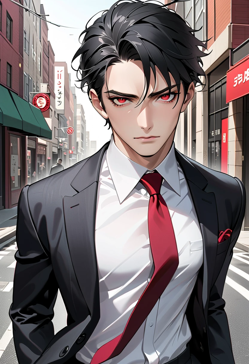  black hair,  sharp eye, Lewd Eyes, male　  red eyes　 short hair　  handsome, ,  business suit　Portraiture　whole body　Around town　Regular tie red