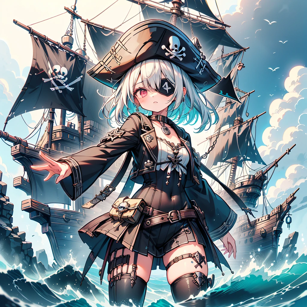 Pretty Pirate 、1girl,((( Dynamic Best Composition 、 super detailed 、 high definition、 top quality、 Masterpiece、 Official Art 、 Perfect Anatomy)))、 Milky White and Light Blue Gradation Hair Color、 Gothic Pirate Fashion 、 Pirate Hat 、 Cute Eyepatch 、 neon color、hologram、 absurd、 fantasy、 neon colorパレット、Neon Outline、Standing on the deck、The big pirate ship 、 black light 、七色の neon colorでふちどり、