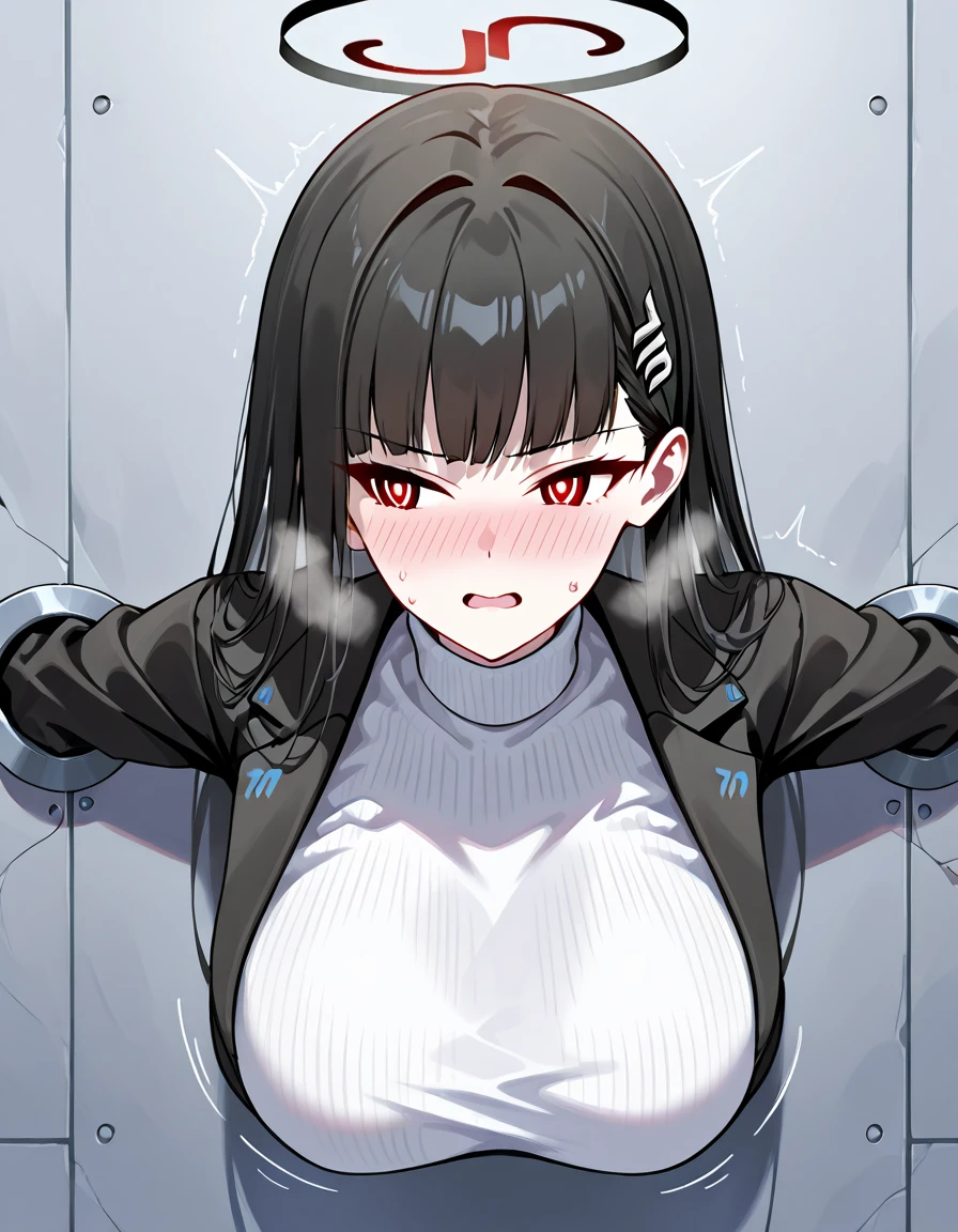 score_9, score_8_up, score_7_up, score_6_up, score_5_up, score_4_up,source_anime,  1girl, solo,  (Rio \(blue archive\), black hair, red eyes, ringed eyes, white pupils, hairclip, halo, black jacket, white turtleneck sweater), large breast,  (embarrassed:1.2), Look away, nose blush, twitching, troubled eyebrows, ((orgasm, ecstasy)), heavy breath, sweat), grabbing, breast ,  (glory wall:1.4),through wall, stationary restraints, (upper body:1.3), restrained, stuck,  (movement lines:1.6), (impact lines:1.4), (extremely moaning:1.2),   front view