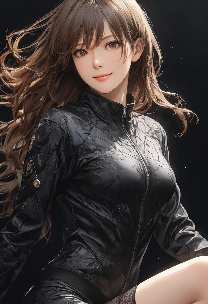   dynamic full body photo of an attractive mature young woman  ,   professional photography master {x} close up of a brown-haired woman wearing a black windproof jacket(   Perfect Anatomy )   side close-up  .  detailed face .    Real Eyes  .   face and eyes very fine   .  Thin Skin .、 Thin Skin  Texture smile,  black underwear、 dark background  , Soft light,    professional photography master   &#39; artwork, Texture,  complicated,  clear ,   High Quality Masterpieces  ，Extremely  complicated and exquisitely detailed,   super detailed  ,   super detailed   digital art