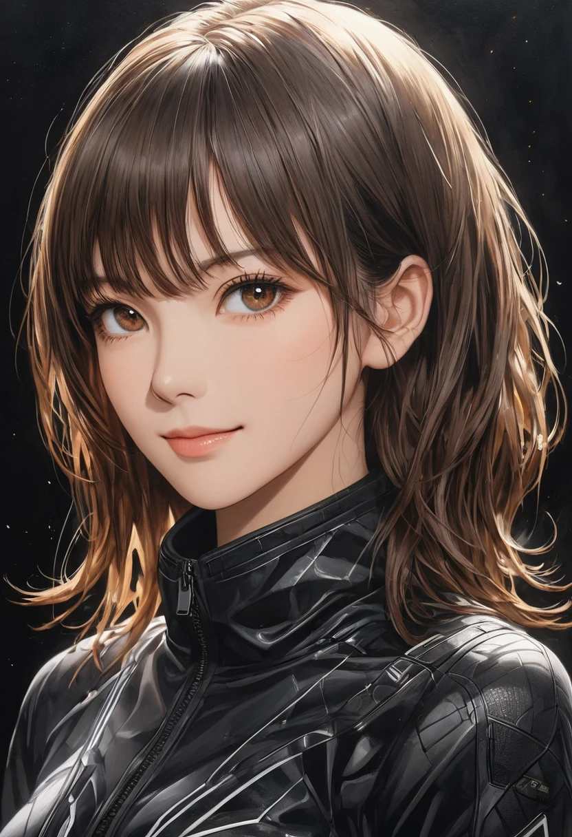   dynamic full body photo of an attractive mature young woman  ,   professional photography master {x} close up of a brown-haired woman wearing a black windproof jacket(   Perfect Anatomy )   side close-up  .  detailed face .    Real Eyes  .   face and eyes very fine   .  Thin Skin .、 Thin Skin  Texture smile,  black underwear、 dark background  , Soft light,    professional photography master   &#39; artwork, Texture,  complicated,  clear ,   High Quality Masterpieces  ，Extremely  complicated and exquisitely detailed,   super detailed  ,   super detailed   digital art