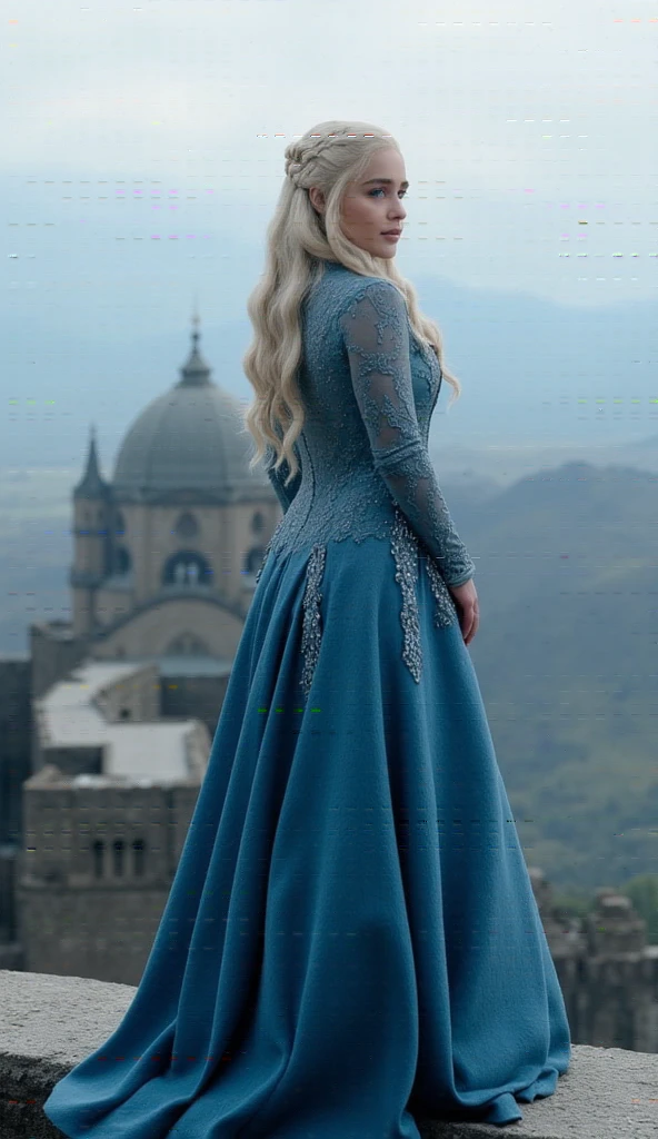 This is an image of  Daenerys Targaryen from the HBO show Game of Thrones. Blonde hair with braids, silk blue dress, jewelry, standing on a palace wall looking out.