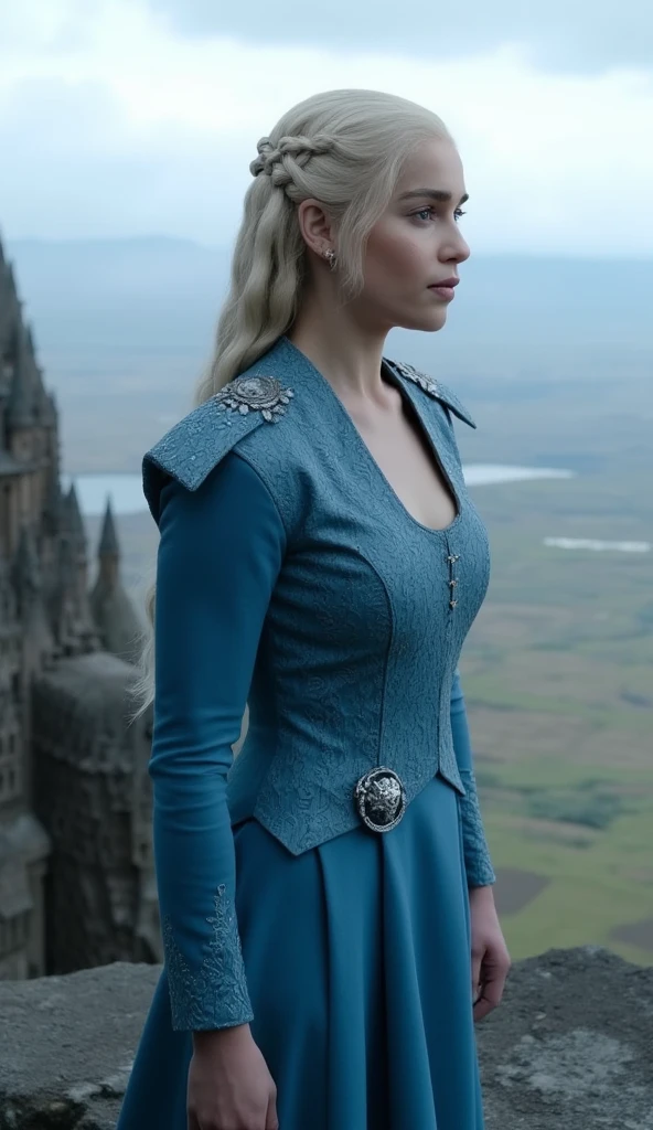 This is an image of  Daenerys Targaryen from the HBO show Game of Thrones. Blonde hair with braids, silk blue dress, jewelry, standing on a palace wall looking out.