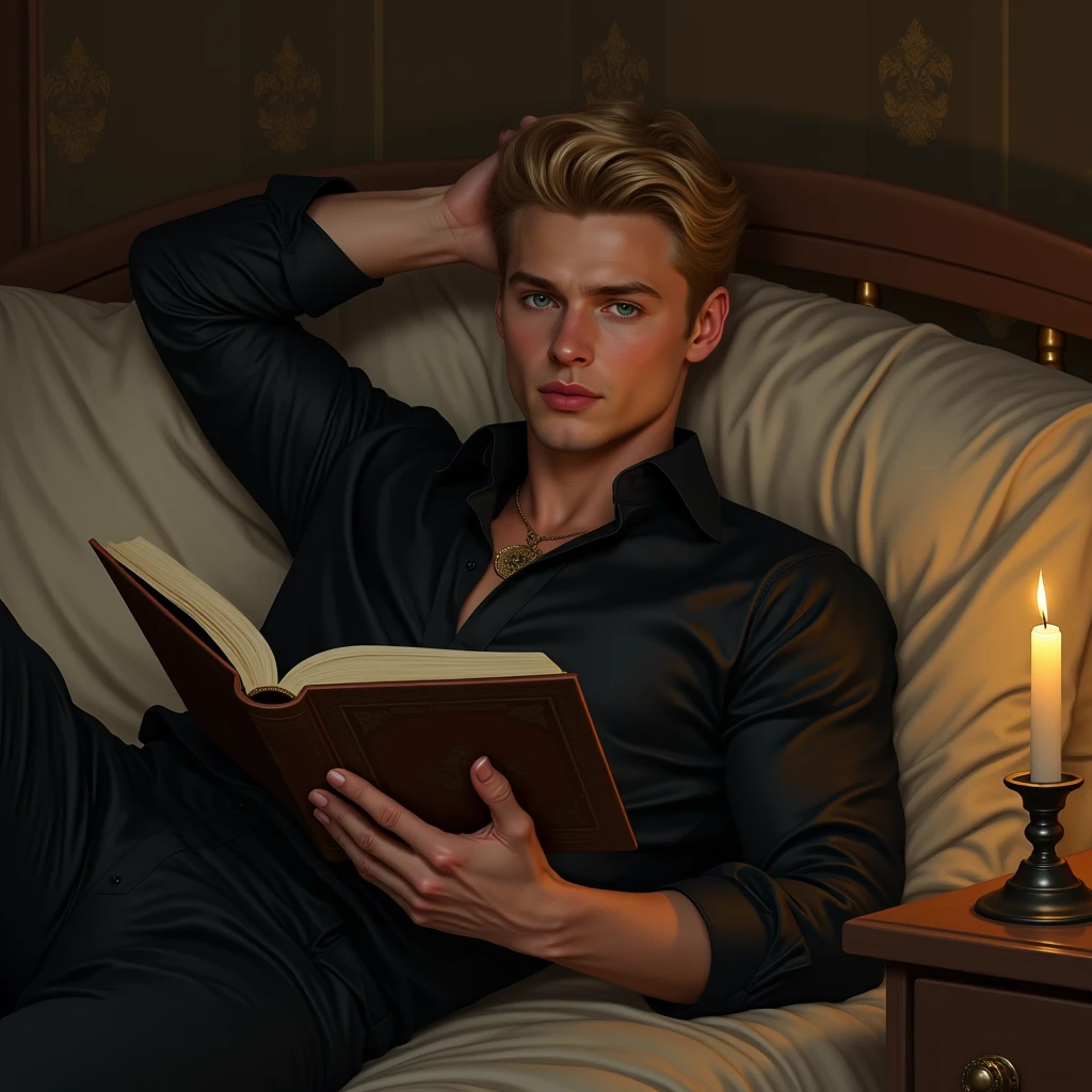 Blonde man in pink underwear sitting while reading