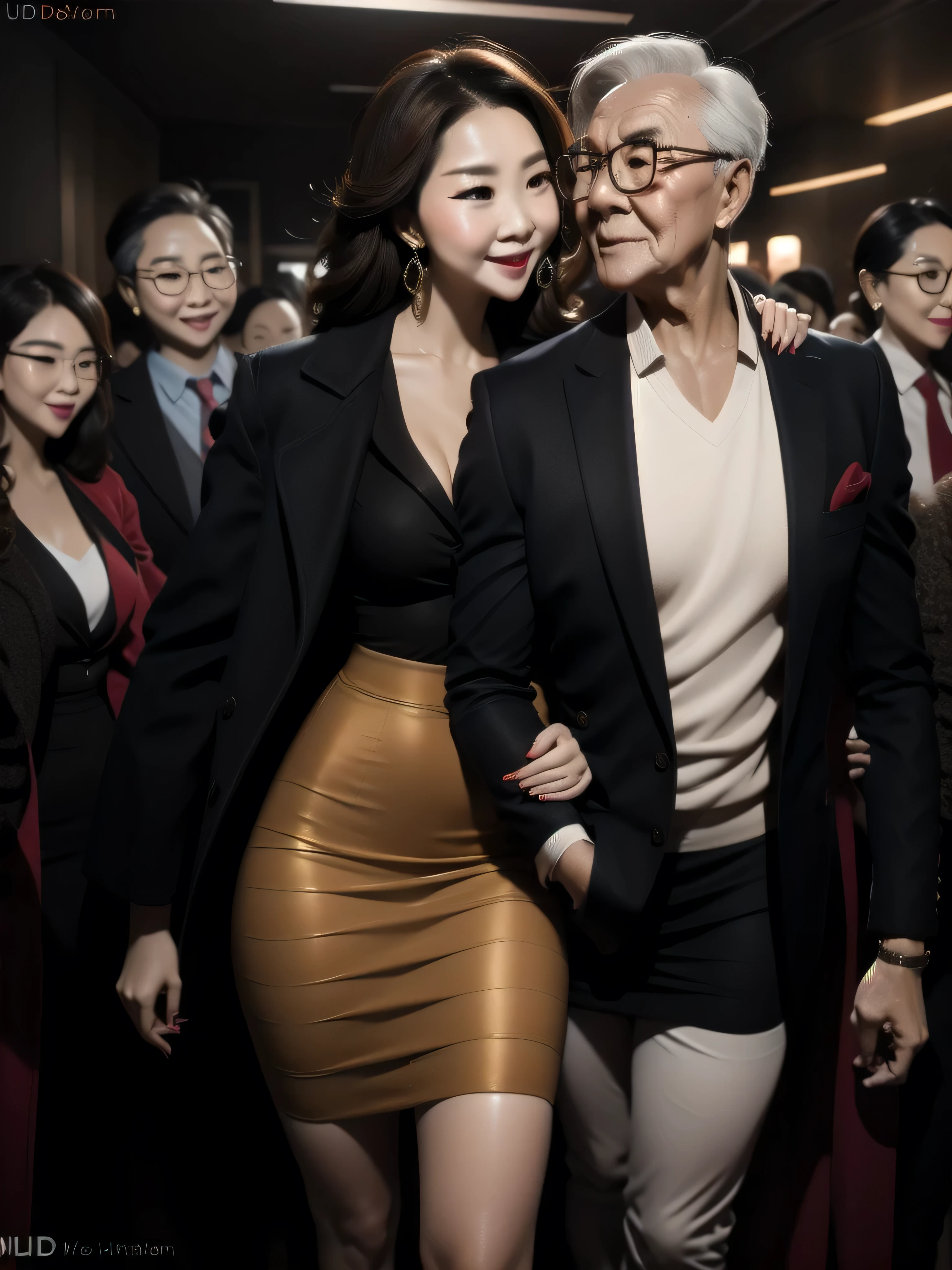 A beautiful woman wearing a revealing skirt suit, her elderly husband hugged and kissed her from behind in the crowded crowd, UHD, masterpiece, textured skin, super detail, best quality, 8k.