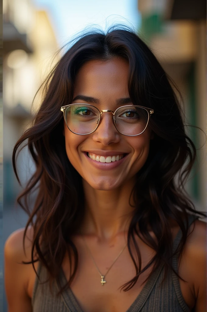 a naked woman with glasses is smiling for the camera with a picture of a tree in the background, inspired by Verónica Ruiz de Velasco, headshot profile picture, around 30 yo, curly, colombian, professional profile picture, with glasses, vacation photo, instagram story, nivanh chanthara, riyahd cassiem, portait photo profile picture, profile pic