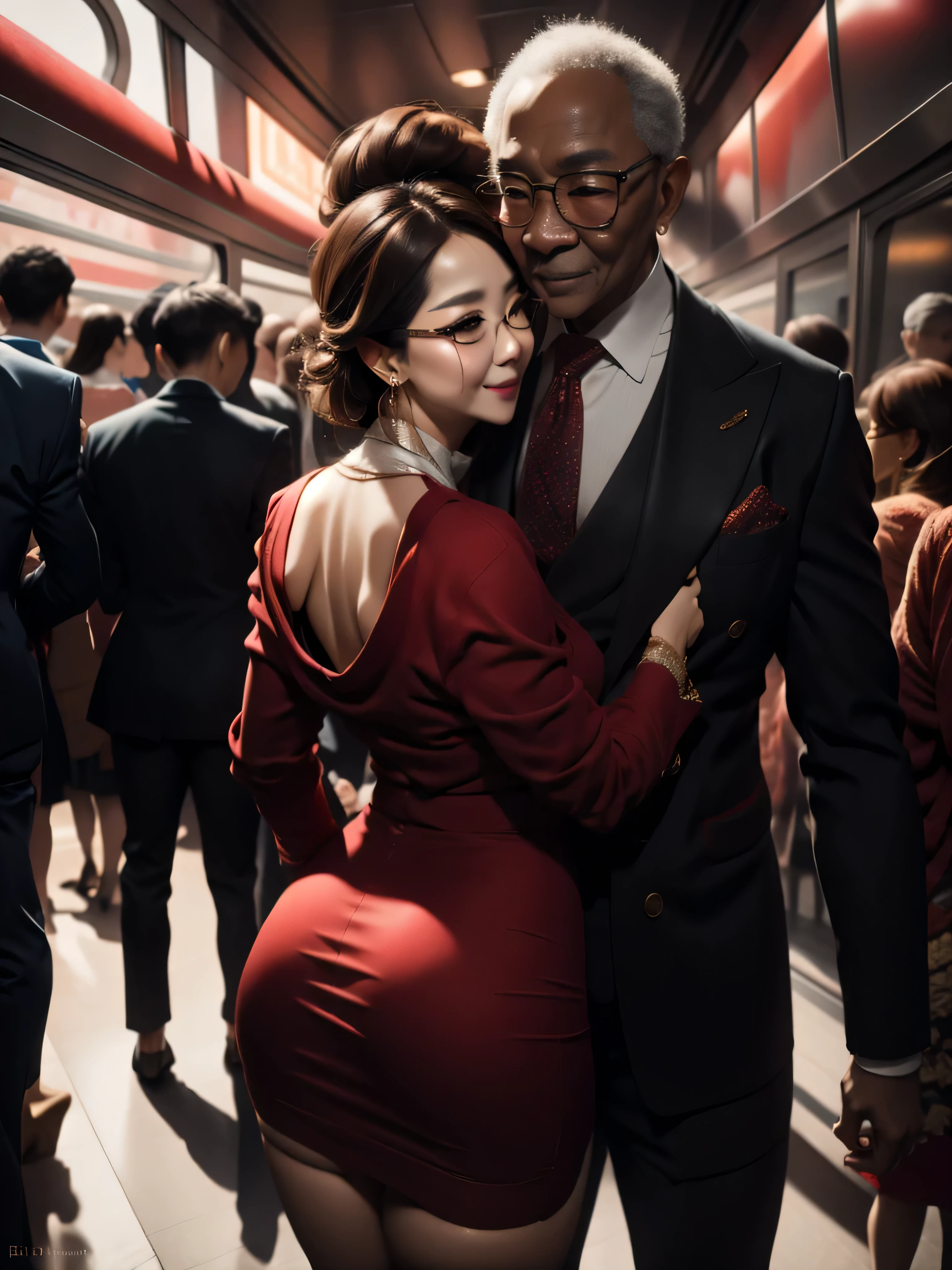 A beautiful woman wearing a revealing skirt suit, her elderly husband hugged and kissed her from behind in the crowded crowd, UHD, masterpiece, textured skin, super detail, best quality, 8k.