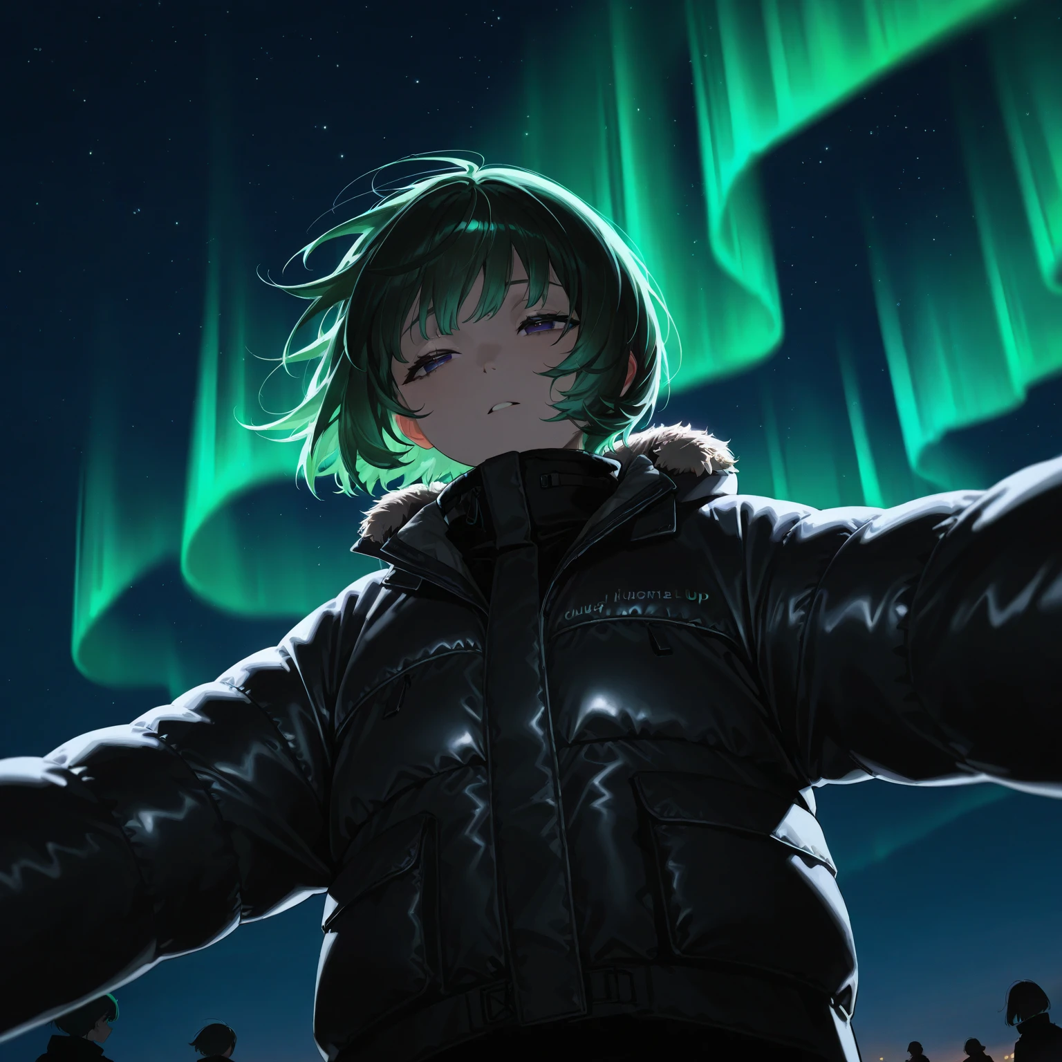 (One girl, girl is , girl has short hair, girl has airy bob, girl has dark green hair, girl has half-open eyes, girl is watching the aurora, girl is looking at the sky, girl is wearing a black down jacket, down jacket has fur, girl has arms spread above) Aurora, Iceland, outdoors, angle from below, night, people placed below, Give your images flat even illumination (negative) or dramatic chiaroscuro lighting (positive). No trigger required.