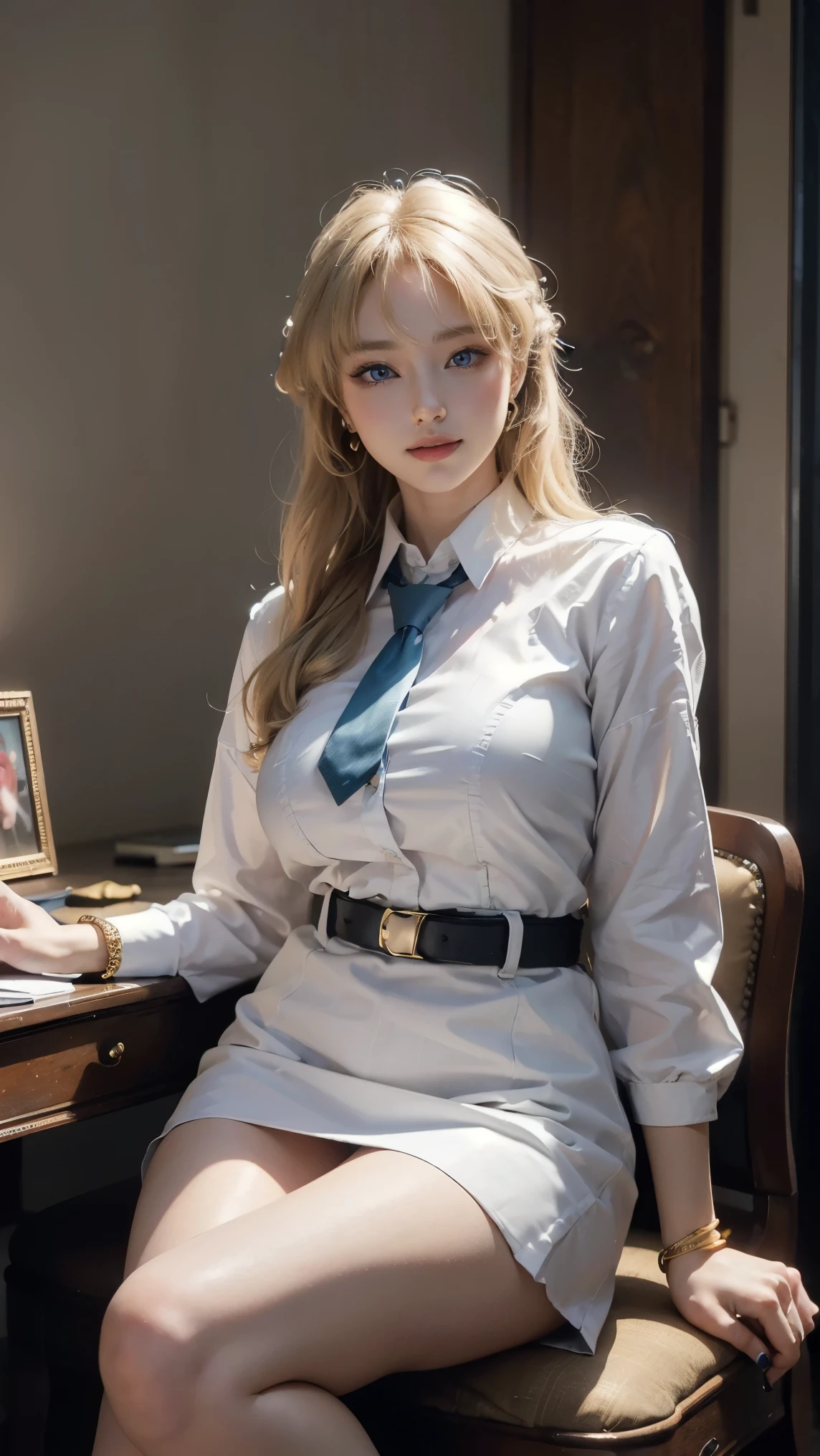 Asuma Toki,(best qualityer,4K,8k,high resolution,work of art:1.2)(weather: cloudy), Mondstadt city background, vintage library, teacher outfit, white long sleeve blouse, gold bracelets, long open side pencil skirt, white pantyhose, black belt, gold bracelets, high heels, reading glasses, necktie, gold earrings, cheek mole, short wavy hair, blonde hair, ultra detailed, realistic, portrait,beautiful detailed blue eyes, glowing eyes,blush,beautiful detailed lips,extremely detailed eye and face, long eyelashes,sexy,average, large breasts,beaming smile, flirty smile, powerful girl, sexy pose, stunning curves, bright coloured, dramatic lighting, sitting on a desk,