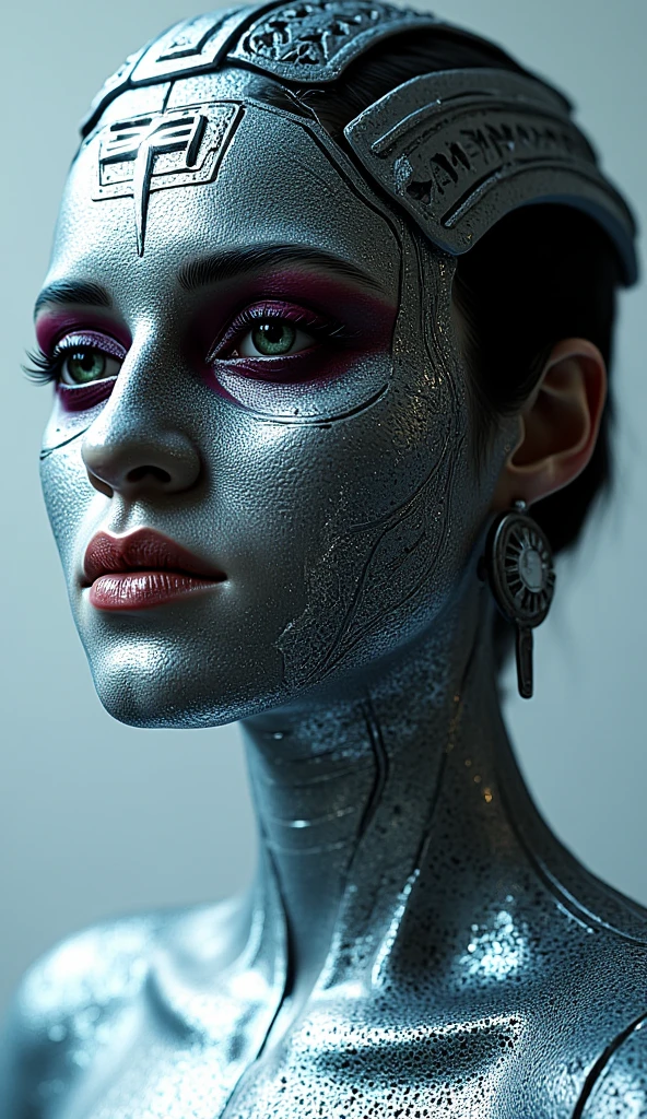 ((top-quality)), ((​masterpiece)), (detaileds:1.4), 3D, Beautiful Cyberpunk Woman Image,HDR(HighDynamicRange),Ray traching,NVIDIA RTX,Hyper-Resolution,Unreal 5,sub-surface Scattering,PBR Texturing,Postprocess,Anisotropy Filtering,depth of fields,Maximum clarity and sharpness,multi-layer texture,Albedo and specular maps,Surface Shading,Accurate simulation of light-material interactions,perfectly proportions,Octane Rendering,Two-tone lighting,Wide aperture,Low ISO,White Balance,thirds rule,8K RAW,Circuit Board AI,Silver Body、Metallic body