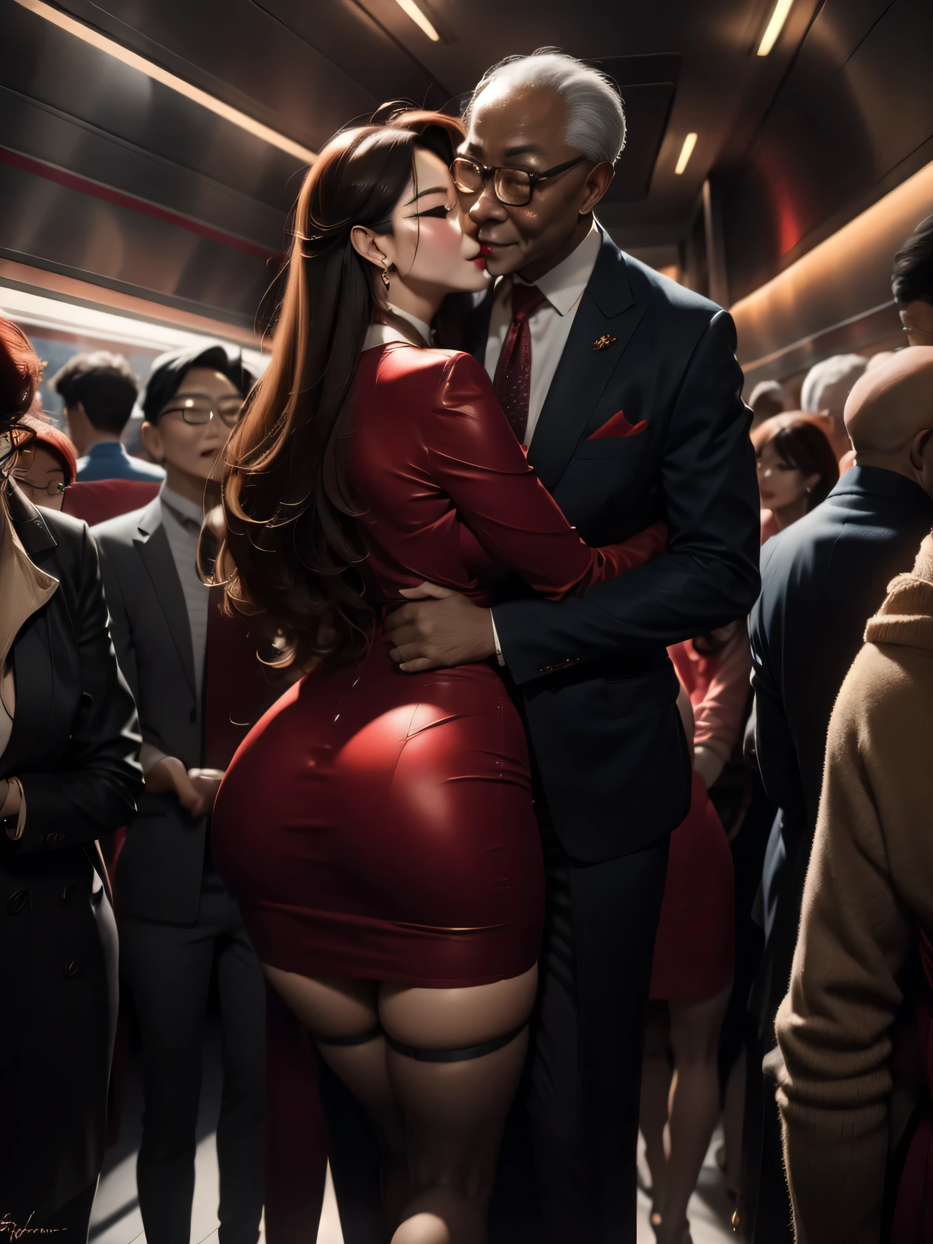 A beautiful woman wearing a revealing skirt suit, her elderly husband hugged and kissed her from behind in the crowded crowd, UHD, masterpiece, textured skin, super detail, best quality, 8k.