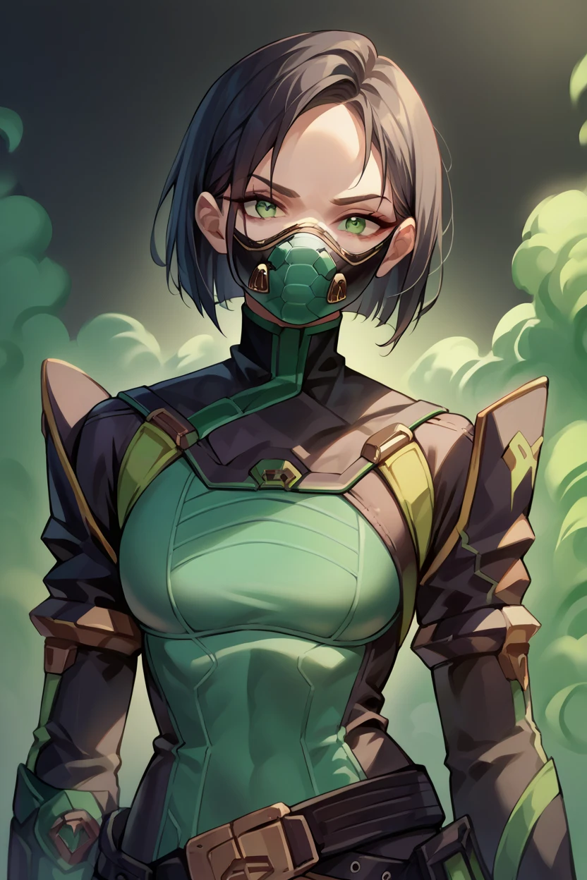 score_9, score_8_up, score_7_up, score_6_up,  source_Anime, BREAK 1girl, Alone, Balip ,  bob cut,  green eyes,  green and black bodysuit ,  Black Gloves , belt,  thigh boots, looking at you, upper body, Green Smoke,  black background,  mask ,  black respirator