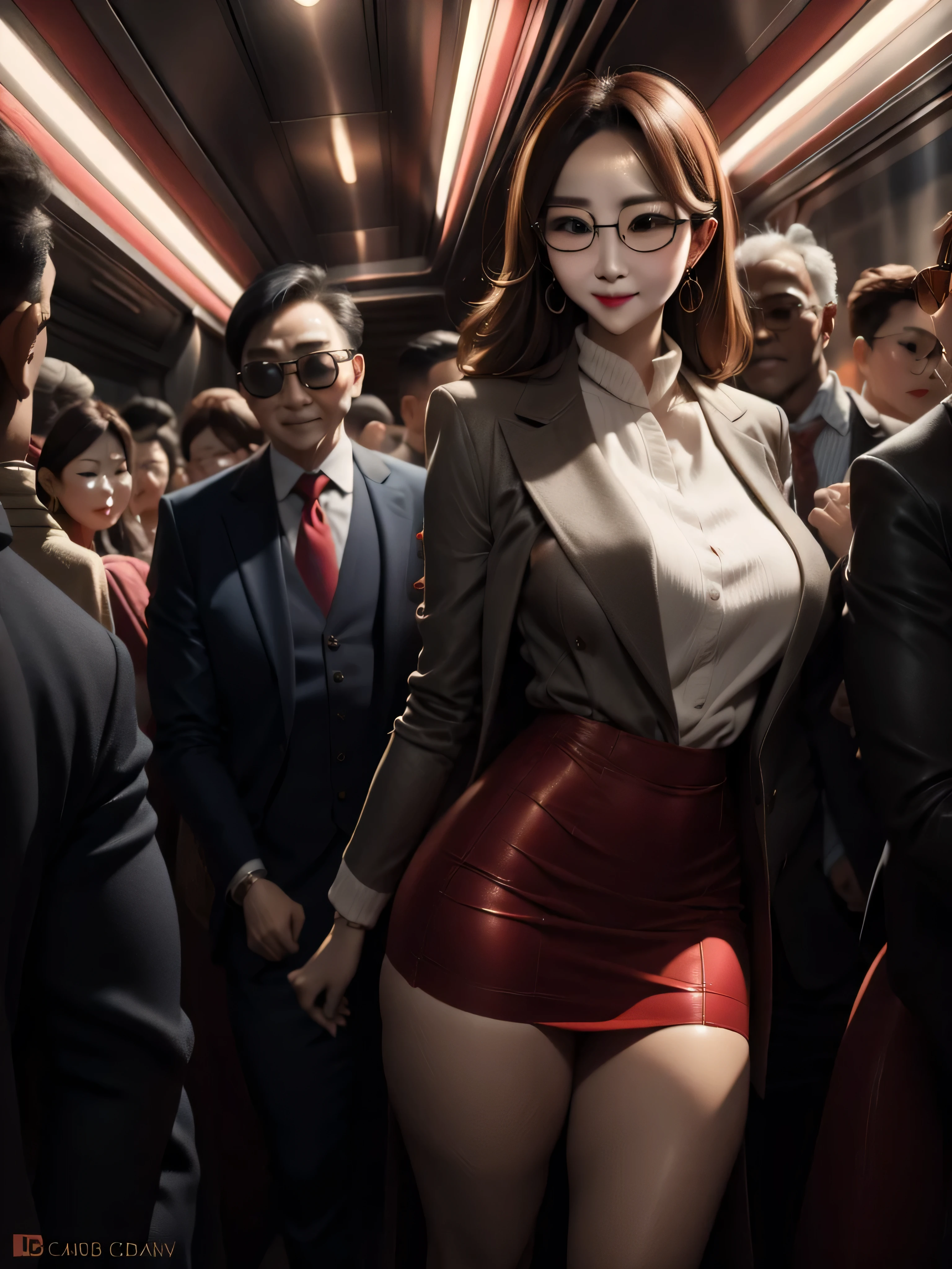 A beautiful woman wearing a revealing skirt suit, her elderly husband hugged and kissed her from behind in the crowded crowd, UHD, masterpiece, textured skin, super detail, best quality, 8k.