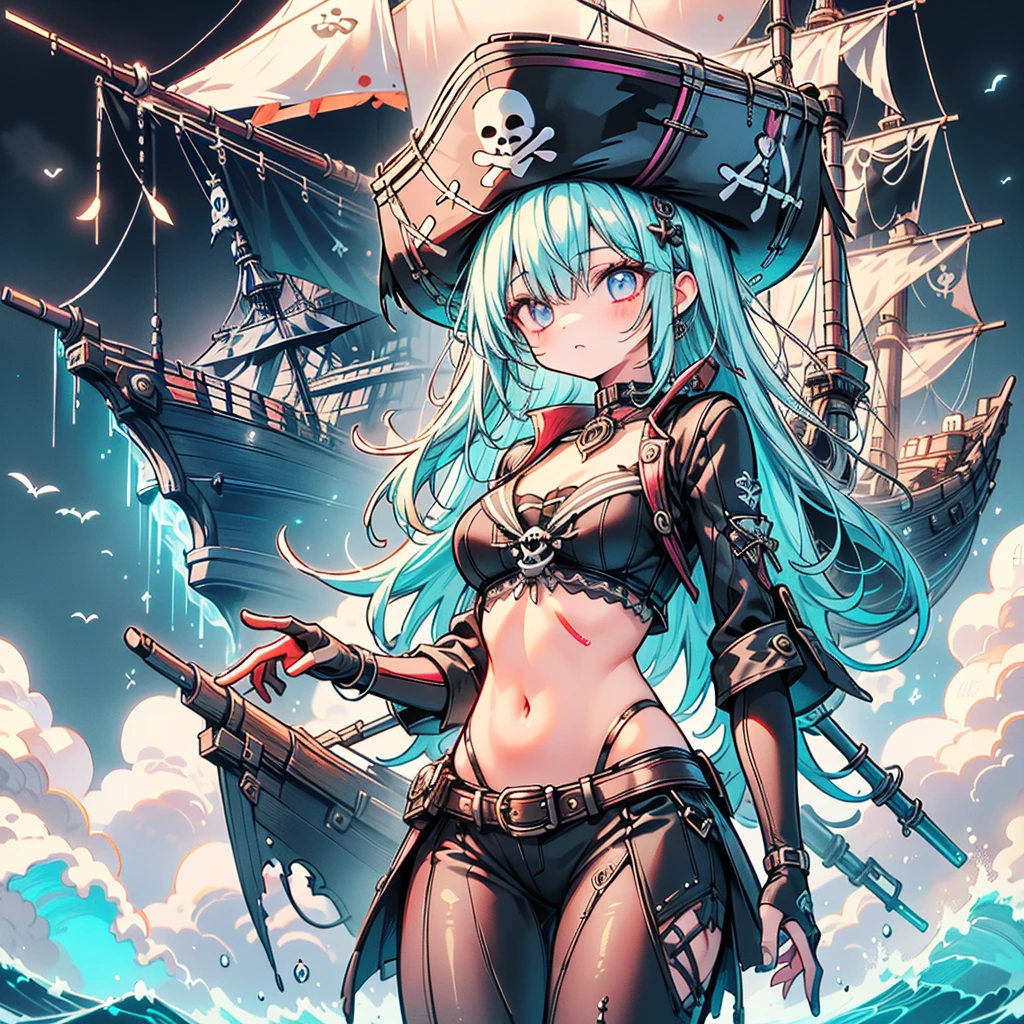 Pretty Pirate 、1girl,((( Dynamic Best Composition 、 super detailed 、 high definition、 top quality、 Masterpiece、 Official Art 、 Perfect Anatomy)))、 Milky White and Light Blue Gradation Hair Color、 Gothic Pirate Fashion 、 Pirate Hat 、 Cute Eyepatch 、 neon color、hologram、 absurd、 fantasy、 neon colorパレット、Neon Outline、Standing on the deck、The big pirate ship 、 black light 、七色の neon colorでふちどり、