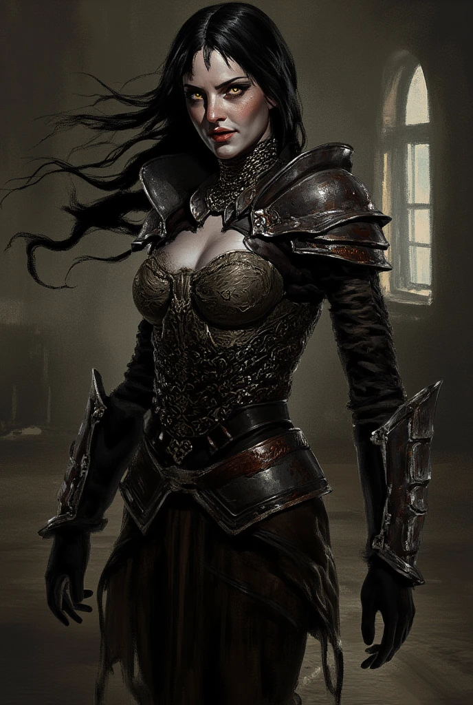 rutkowski style, painting, woman with long black hair and dark shaded eyes with striking gaze under eyelashes, she is wearing ornate but torn and deformed purple armor with silver edges and damaged chainmail armor, dark and eerie atmosphere, demonic