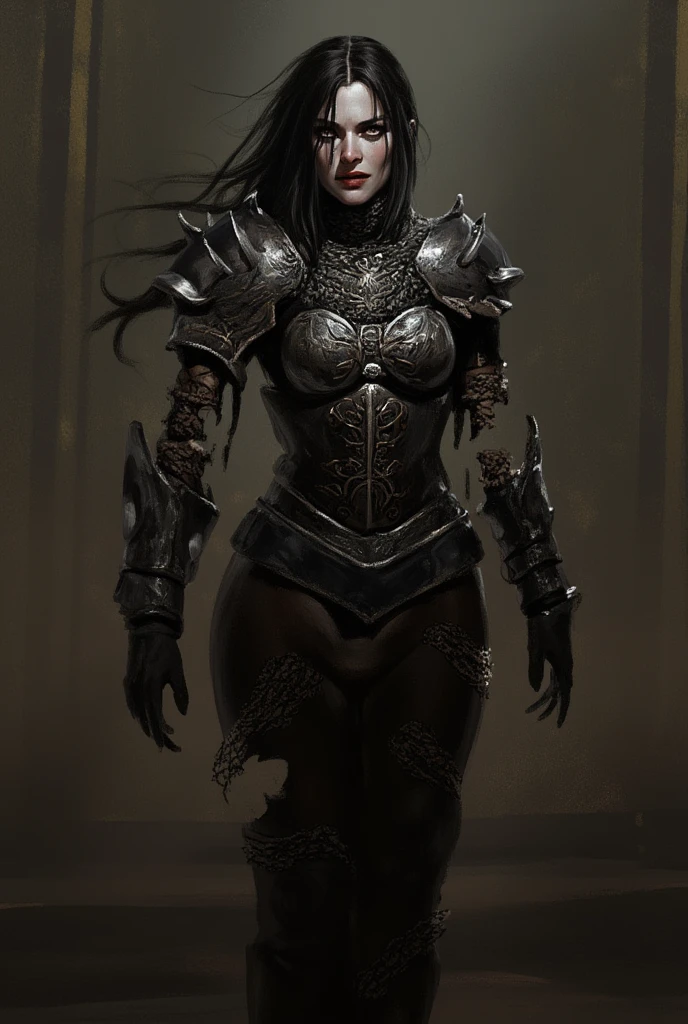 rutkowski style, painting, woman with long black hair and dark shaded eyes with striking gaze under eyelashes, she is wearing ornate but torn and deformed purple armor with silver edges and damaged chainmail armor, dark and eerie atmosphere, demonic