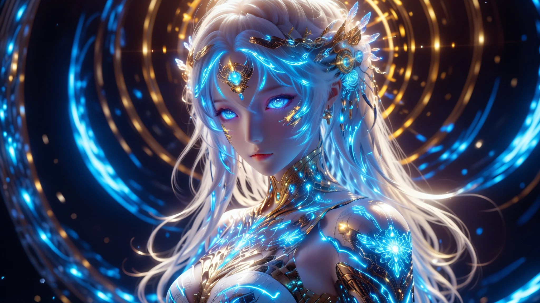 A Masterpiece In 32K Resolution, Supreme Quality, Super Detail, Official Art, Very High-Resolution 32K Wallpaper, Beautiful And Aesthetic, Ultra-Detailed Features, Awe-Inspiring Detail. A Majestic Anime Cyber Goddess Floating In Space, Surrounded By A Halo Of Pulsating Light Rings And Digital Glyphs. Her Outfit Combines Futuristic Armor And Flowing Fabrics That Glow In White, Gold, And Blue. Her Eyes Emit A Soft Glow As She Commands A Swarm Of Tiny Holographic Drones. The Background Features A Galactic Nebula With Stars And Energy Currents Illuminating Her Silhouette.