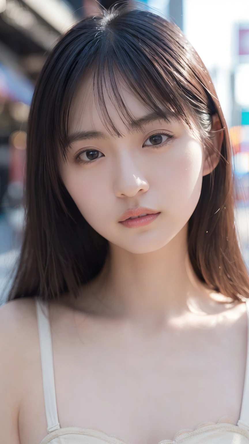 (、A real photo with every detail perfectly recreated of a Japanese girl in her late 20s,  upper body, masterpiece,  top quality,  realistic , photo- realistic :1.4,   knight ,  Times Square , cityscape, City lights, Short neck,  short, Narrow shoulders, Seductive Sensuality , Bushy eyebrows , Beautiful eyebrows,  has long eyelashes, Sparkling Eyes, Shining Eyes,  Thick lips, Small lips, Straight hair with bangs, Each individual hair is clearly visible, Big Breasts,  clevis on a stone, Expanding breasts, A lace evening dress that looks like a real human , born々Nice skin texture, Thin Hair, Micro Skin Relief, Macroskin Details, Uneven skin tone, Skin only, pores,  Wearing  , Photo quality, 35mm Film, Telephoto Lens, Bokeh,  RAW file image , 1/2000 second , ISO100,  learning the rule of thirds ,  Use Reflectors to Shoot Shadows Fill ,  capturing moments as they are ,  uses a shallow depth of field ,  creative capture of reflections , Manipulate shadows and light ,  shooting with a wide aperture , Utilizing the Golden Ratio in composition,  chiaroscuro),