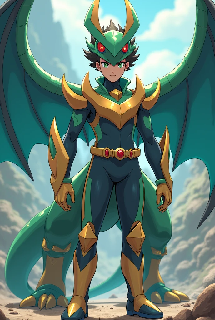 a young man, hybrid dragon, skin adorned with thin green and blue scales, dark blue hair, bright green eyes with vertical pupils, full body