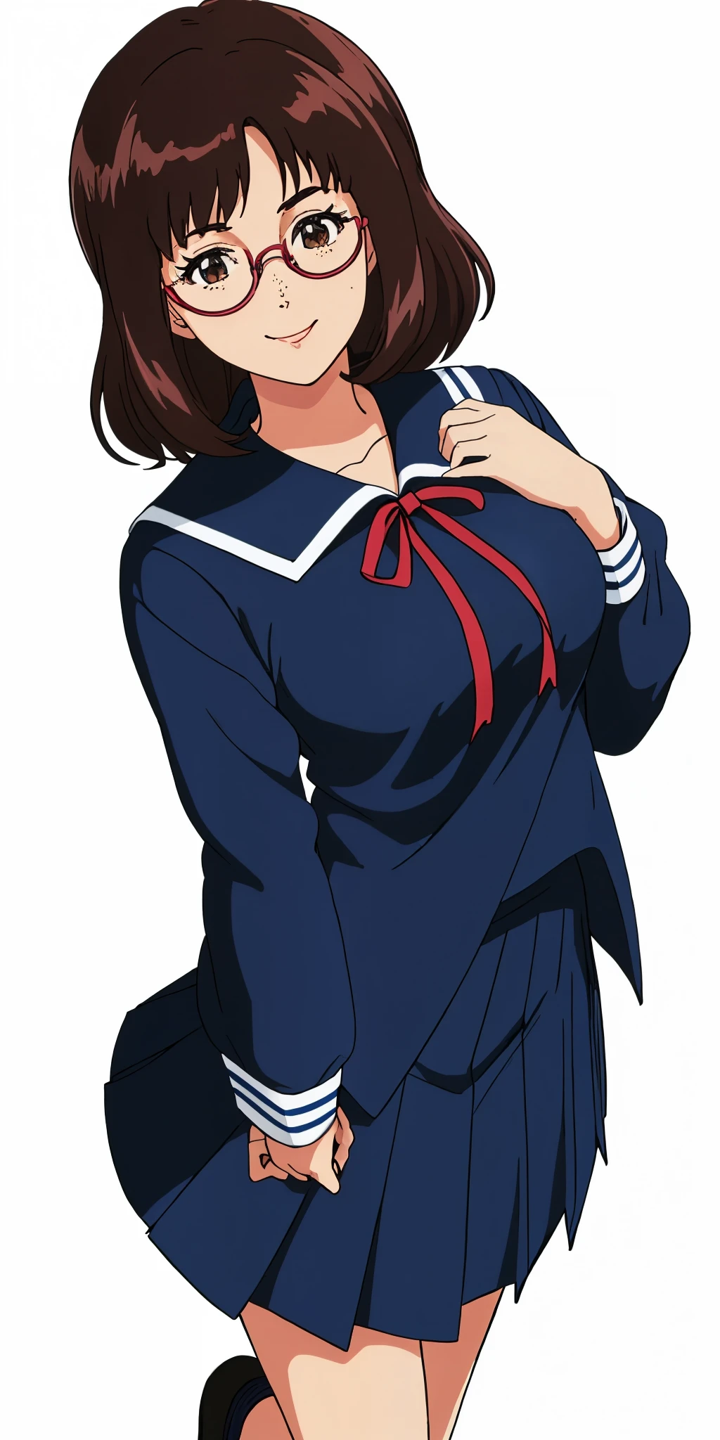 Young woman drawn in 80’s anime art style. 
Retro anime. Vintage Anime. Classical Anime. 
Black Dark Brown HAIR
Long Nihongami Hair
(Round Glasses)
(Round and Circle eyes)
(Light Brown eyes)
(Medium Sized Eyebrows)
(Freckles on Cheek)
(Light Tan Woman)
(Medium Breast)
Seductive Smile

She is wearing a sailor fuku (セーラー服, sērā fuku, sailor outfit) is a common japanese style of uniform worn by women, traditionally by high school female students. 

The uniform generally consists of a sailor-styled blouse attached with a (Navy blue sailor-style collar) and a Dark Navy Blue Sailor Blouse. The length of the long skirt goes down past her ankle.

A ribbon is tied in the front and laced through a loop attached to the sailor blouse. The color is the ribbon is red. (RED RIBBON)

(Dark Navy Blue Sailor Shirt)
(Dark Navy Pleated Skirt)

(Solo)
(Location: High School)
(Background: High School)