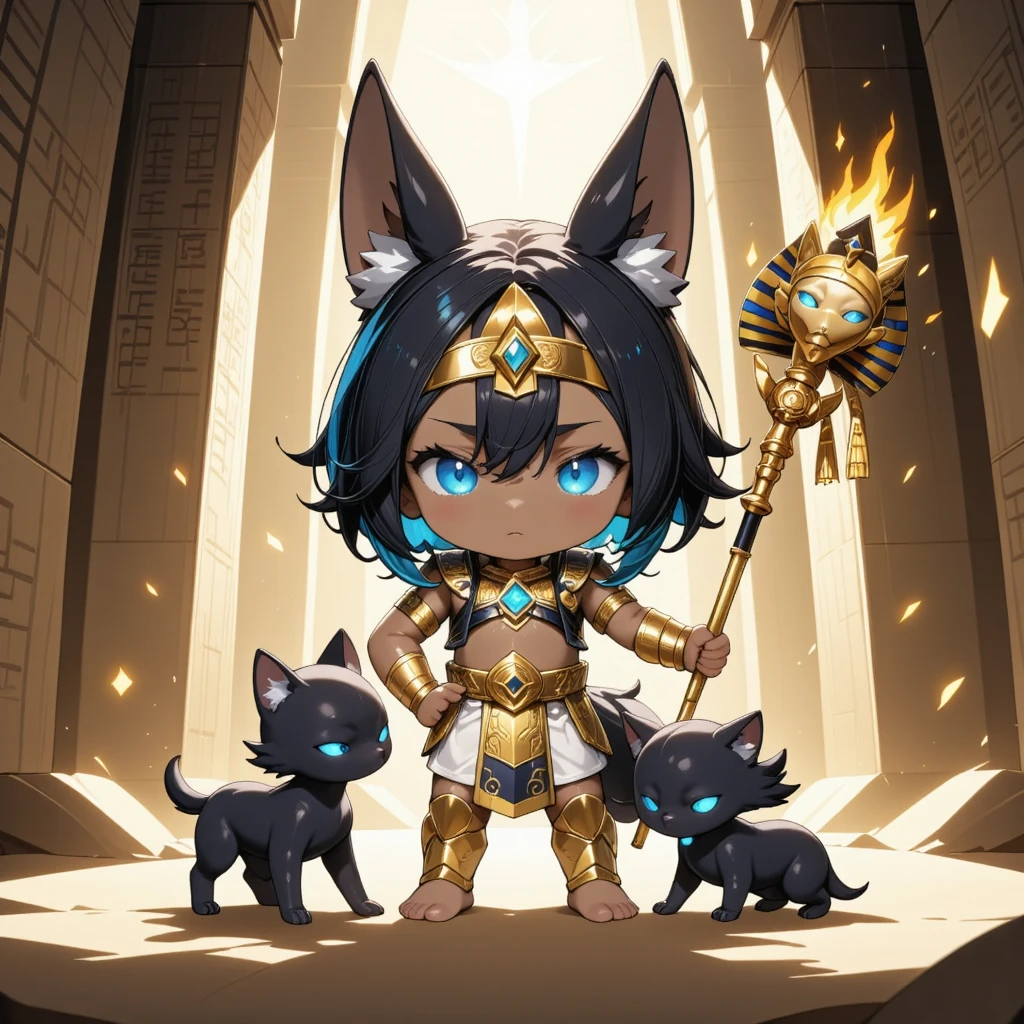 masterpiece, best quality, 8k resolution, ultra-detailed, vibrant colors, chibi Anubis boy, humanoid with jackal features, cute and serious expression, large black jackal ears on his head, short black jackal tail, slightly tanned dark skin, glowing blue eyes, Egyptian-inspired black and gold hair with blue streaks, wearing traditional Egyptian funerary attire (detailed gold and blue jewelry, golden arm guards, and royal nemes headdress). Standing confidently, with one foot slightly forward, ((holding a staff with a golden jackal head as the top, detailed with glowing blue eyes and Egyptian hieroglyph patterns)), staff shaft decorated with gold and blue accents and subtle hieroglyph carvings. Two small black jackals with sleek fur and glowing blue eyes sit on either side of him, one looking up at him obediently, the other scanning the surroundings warily. Background: ancient Egyptian tomb interior, sandstone walls with detailed golden hieroglyphs, soft mystical rays of light filtering through cracks in the sandstone ceiling, dust particles glowing in the air, warm mystical lighting, sharp focus, balanced anime style, digital painting.
